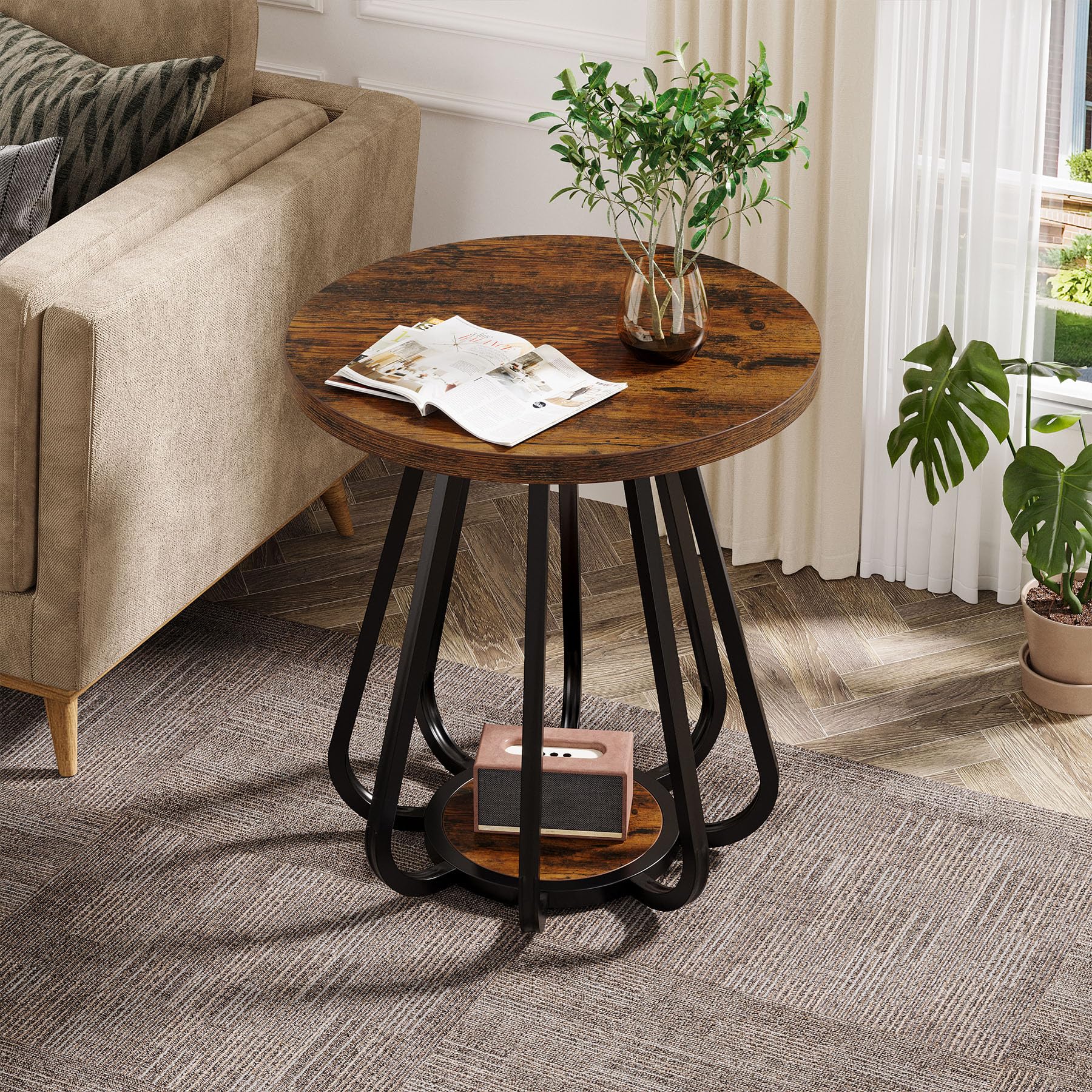 Tribesigns Round End Table with Storage, 2-Tier Side Table with Metal Frame and Lower Shelf, Small Accent Table Nightstand for Living Room, Bedroom, Small Spaces, Vintage Brown & Black