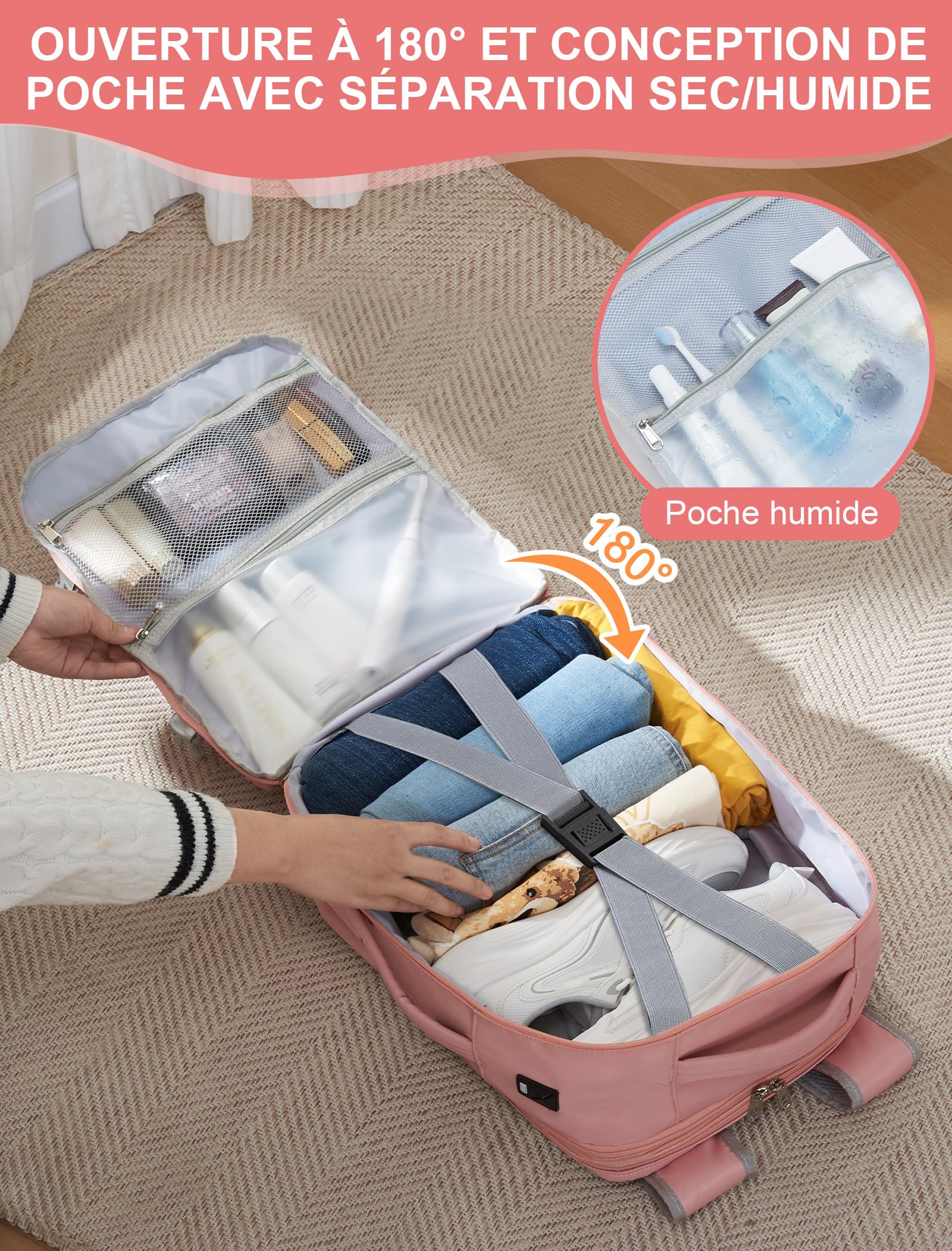 Sac a Dos Voyage Cabine Avion 40x30x20 Bagage Cabine 24L-30L Évolutif | Sac à Dos Avion pour Transavia Ryanair Vueling Wizz Air,Sous Siège Bagage à Main 15.6'' Ordinateur Portable Homme Femme Rose