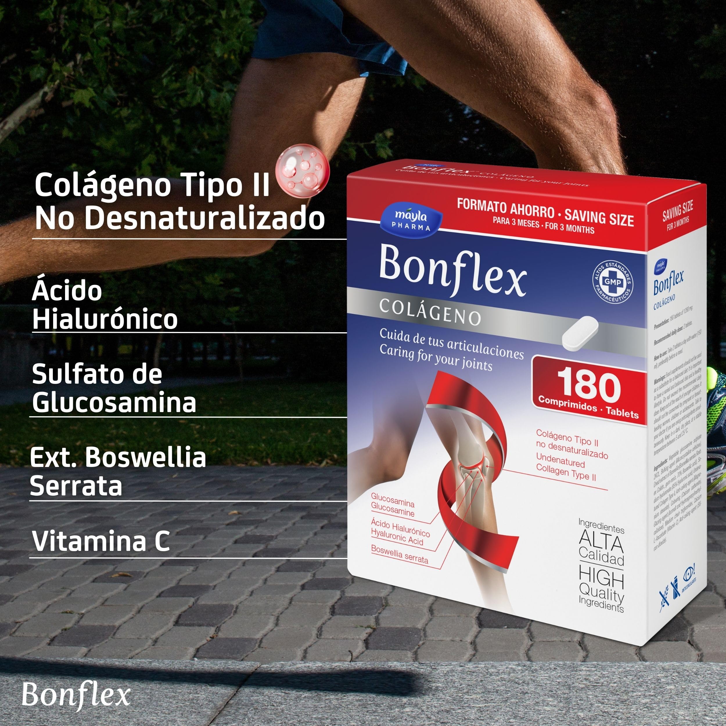 BONFLEX Colágeno 180 Comprimidos Colágeno no Desnaturalizado Tipo II 1500mg Glucosamina Ácido Hialurónico Boswellia Vitamina C para Articulaciones 1 Toma al Día