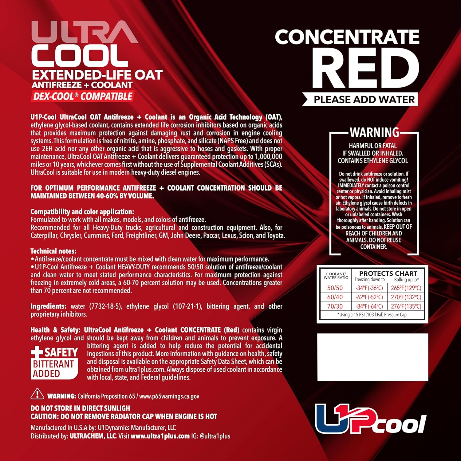 ULTRA 1PLUS Oat NAPS Free Extended Life Antifreeze Coolant (Concentrate, Red, 55 Gallon Drum)