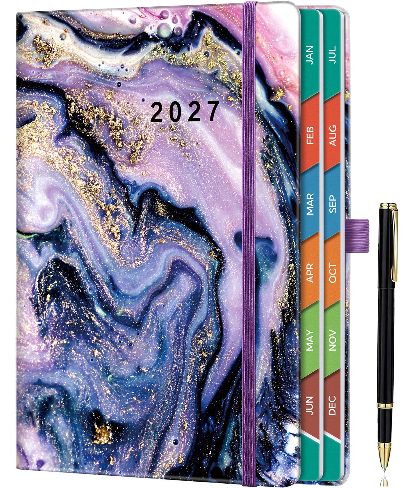 ZXHQ 2027 Diary A5 Page a Day from Jan to Dec, Full Year Daily Planner, with Monthly Overviews, Colorful Tabs, UK Holiday, Pen Set and Fine Inner Pocket, 5.9" × 8.5"- Amethyst Flow