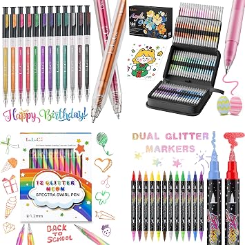 LIUILUCAI 48 Colors Acrylic Gel Pen and 12 Colors Retractable Glitter Gel Pens, 24 Colors Dual-tip Watercolor Marker,12Pcs-Glitter Rainbow Gel Pens