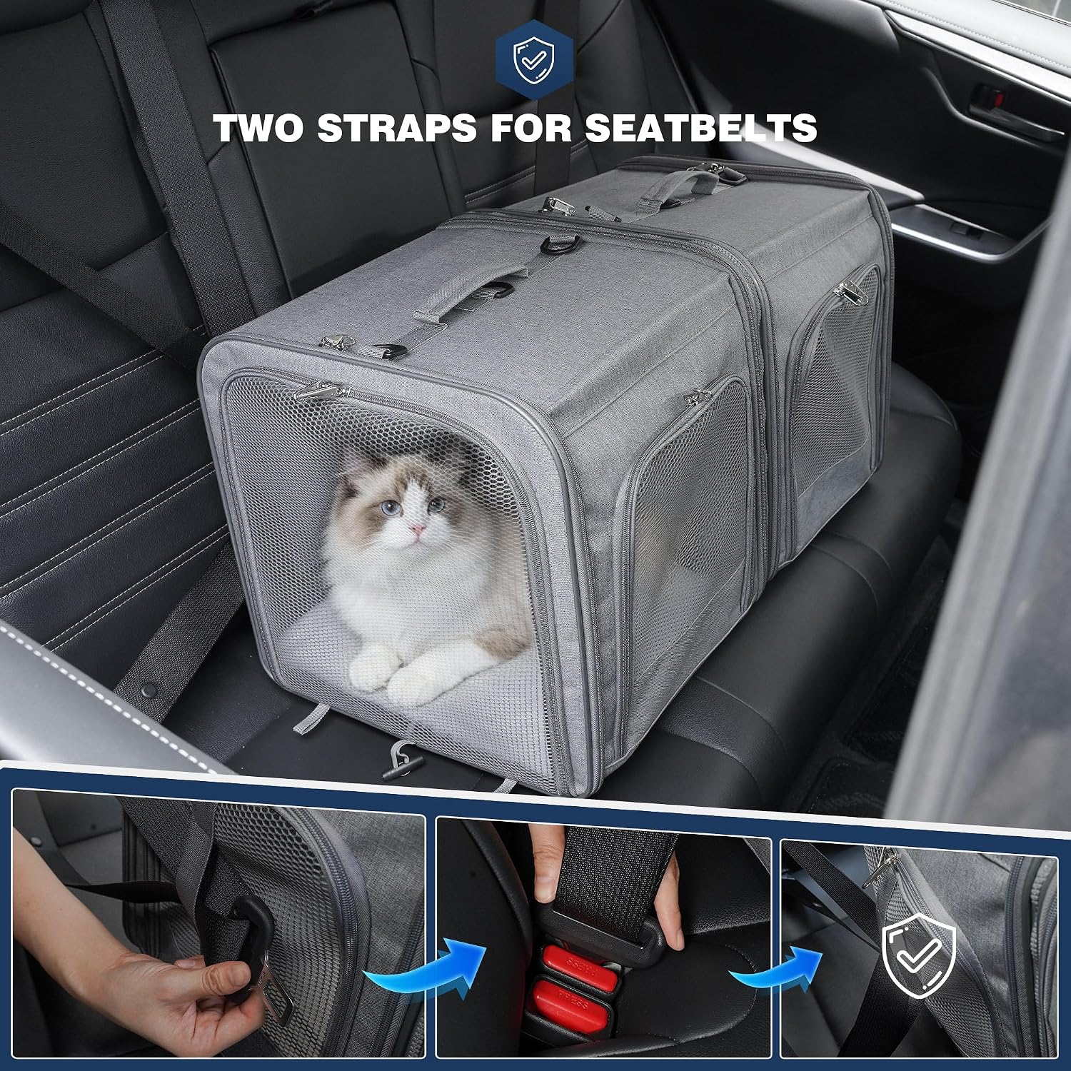 Large Cat Carrier for 2 Cats with Travel Litter Box, 2-in-1 Foldable Soft Pet Car Travel Carrier with Zipper Locks for Multiple Cats Small Dogs Up to 35 Lbs, Gray image 2