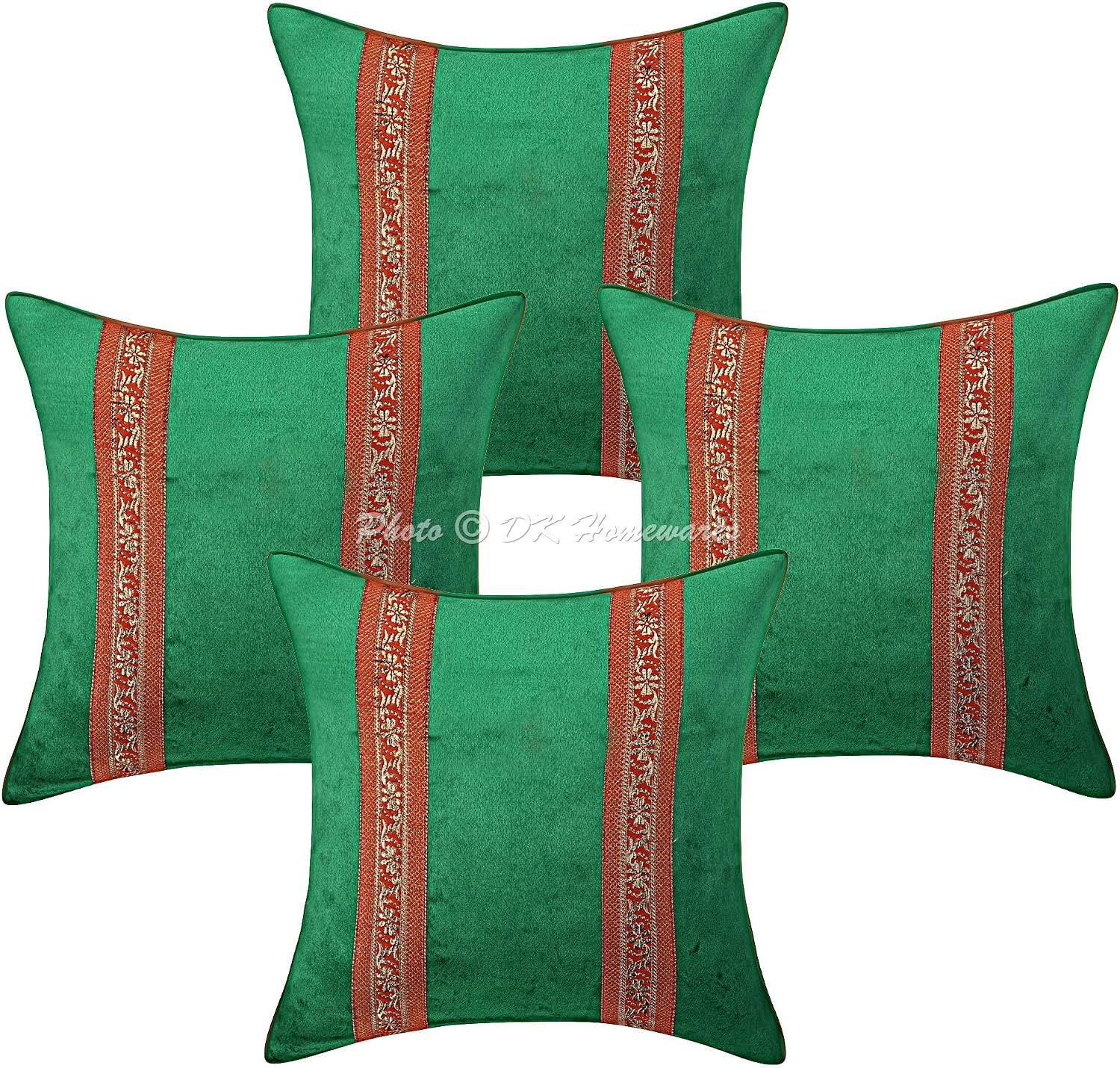 Indian Throw Cushion Covers 16 Inch Velvet Brocade Jacquard Ethnic Square Floral Cushion Covers (Size - 40x40 cm ; Color: Dark Green) - Set of 4 Pcs (Cover Only)
