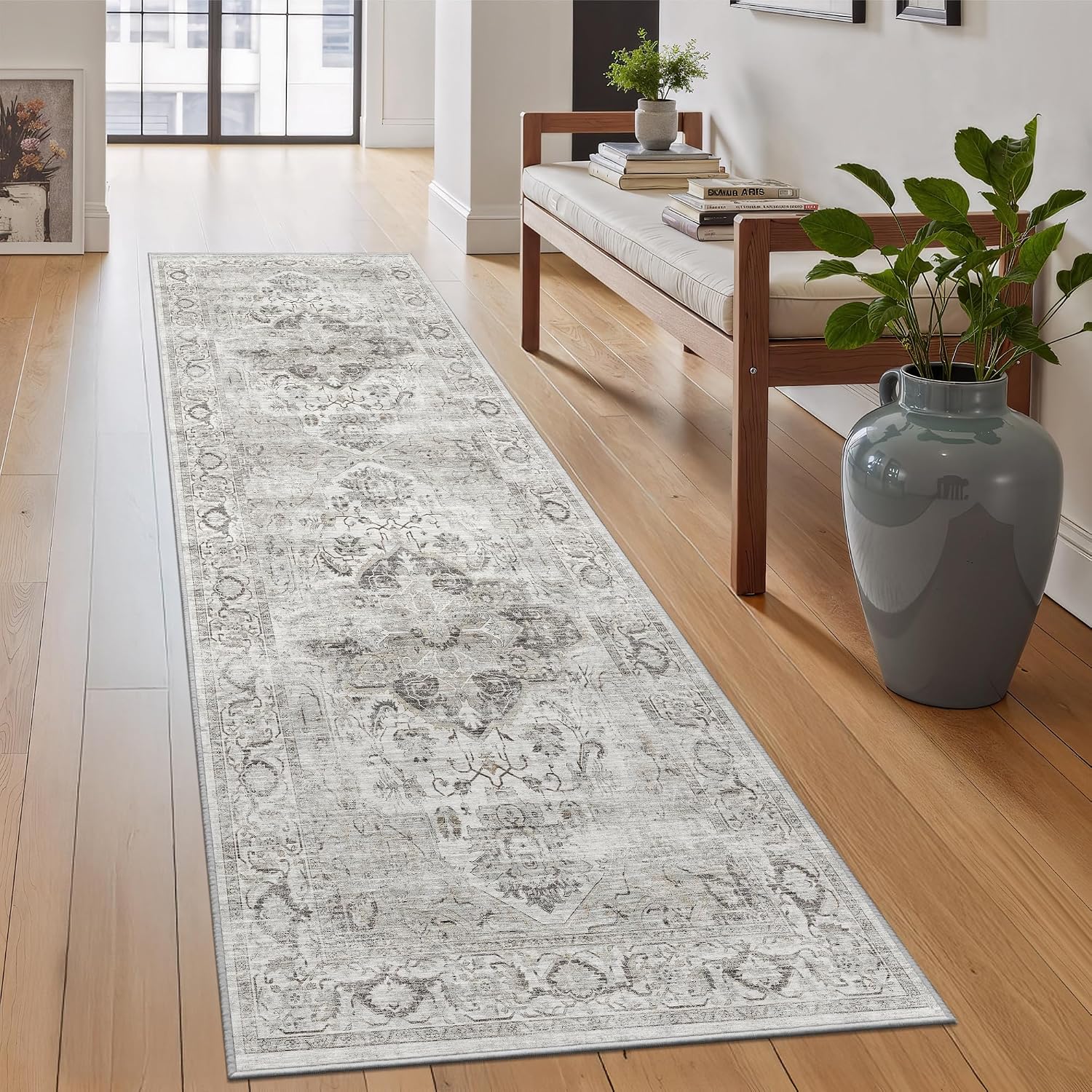 2x6 Washable Runner Rug - Soft Hallway Runner Rugs with Non Slip Backing, Vintage Farmhouse Entryway Mat for Living Room Kitchen Laundry Bedroom Ivory/Gray