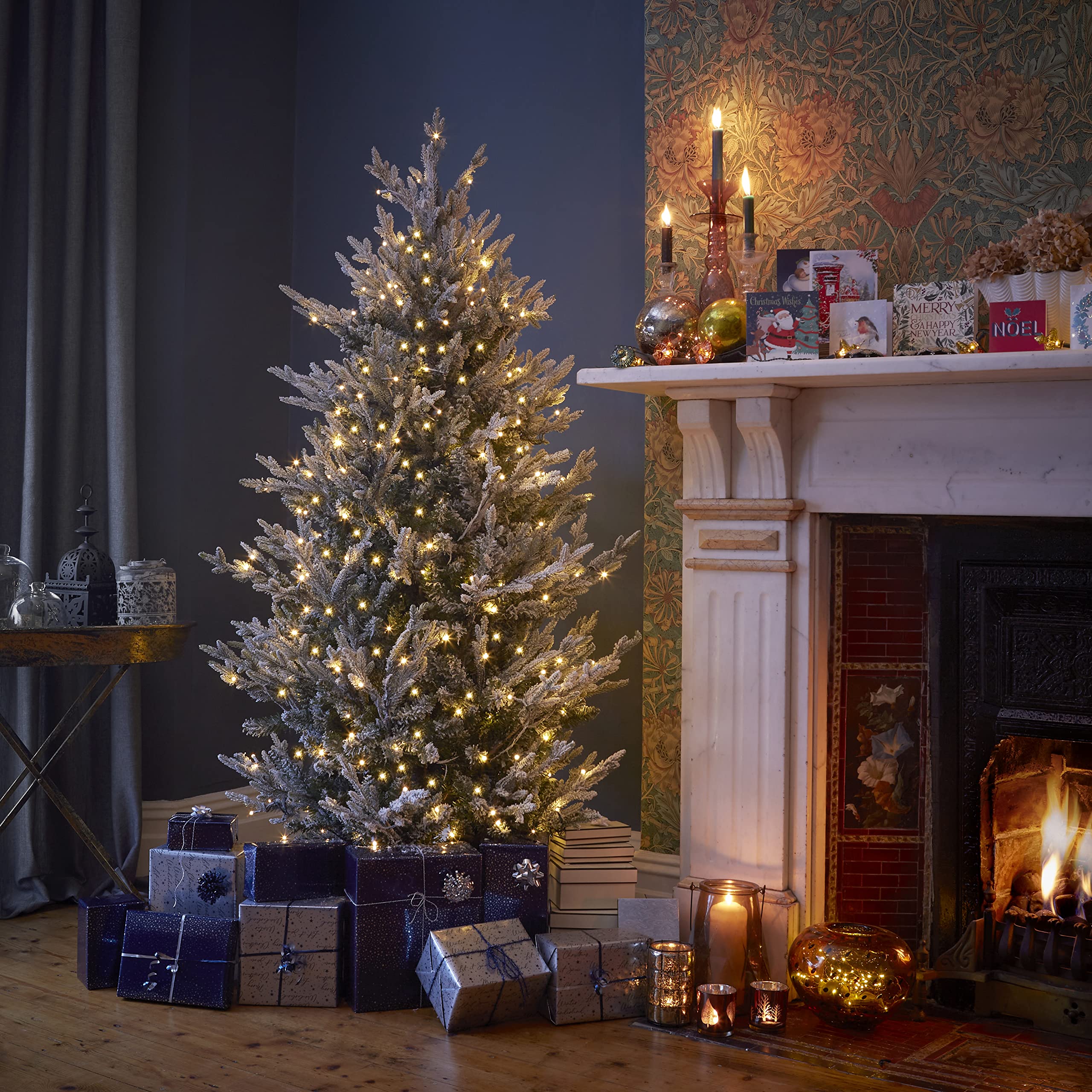 Celebright 7ft / 2.1m Snowy Nordic Spruce Artificial Christmas Tree - Multi-Function Pre-Lit with 350 Warm White LED Lights - Realistic Frosted Effect with 2487 PE & Natural PVC Tips