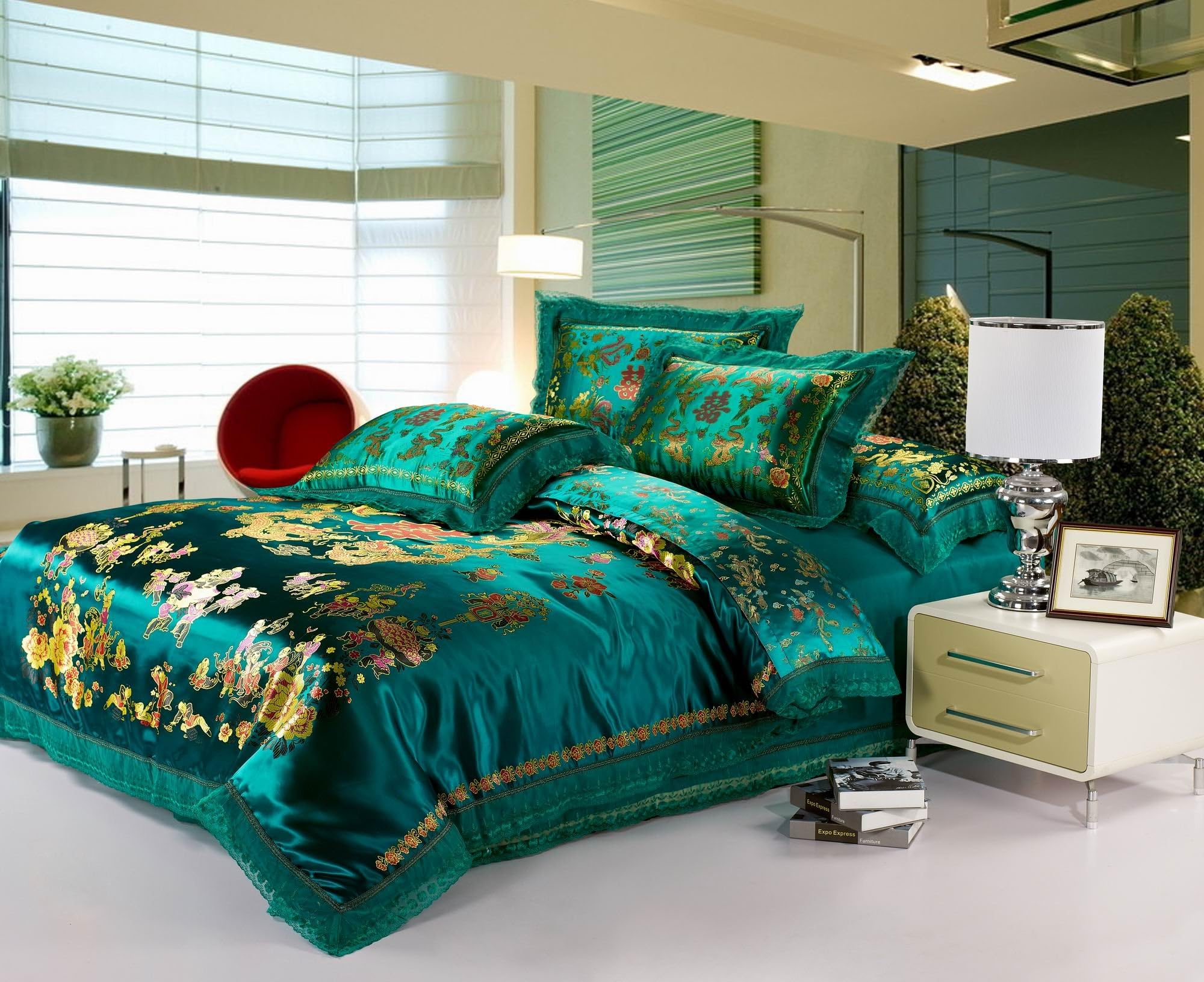 Best Jacquard Chinese Wedding Bedding Set Dragon Phoenix Double Blessing Embroidery Lace Silk Duvets Cover Set 4pcs Full Green