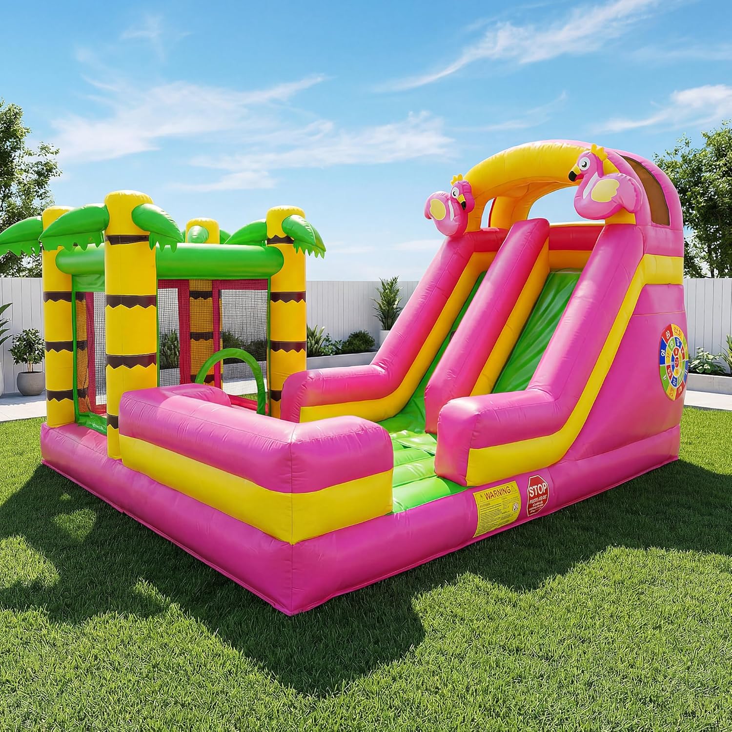 Giant 16FT Flamingo Inflatable Bounce House with Slide for Teens & Adults, Commercial-Grade PVC Mesh Fabric Bouncy Castle with Climbing Wall, Basketball Hoop, Target Game, 950W Blower, Carry Bag