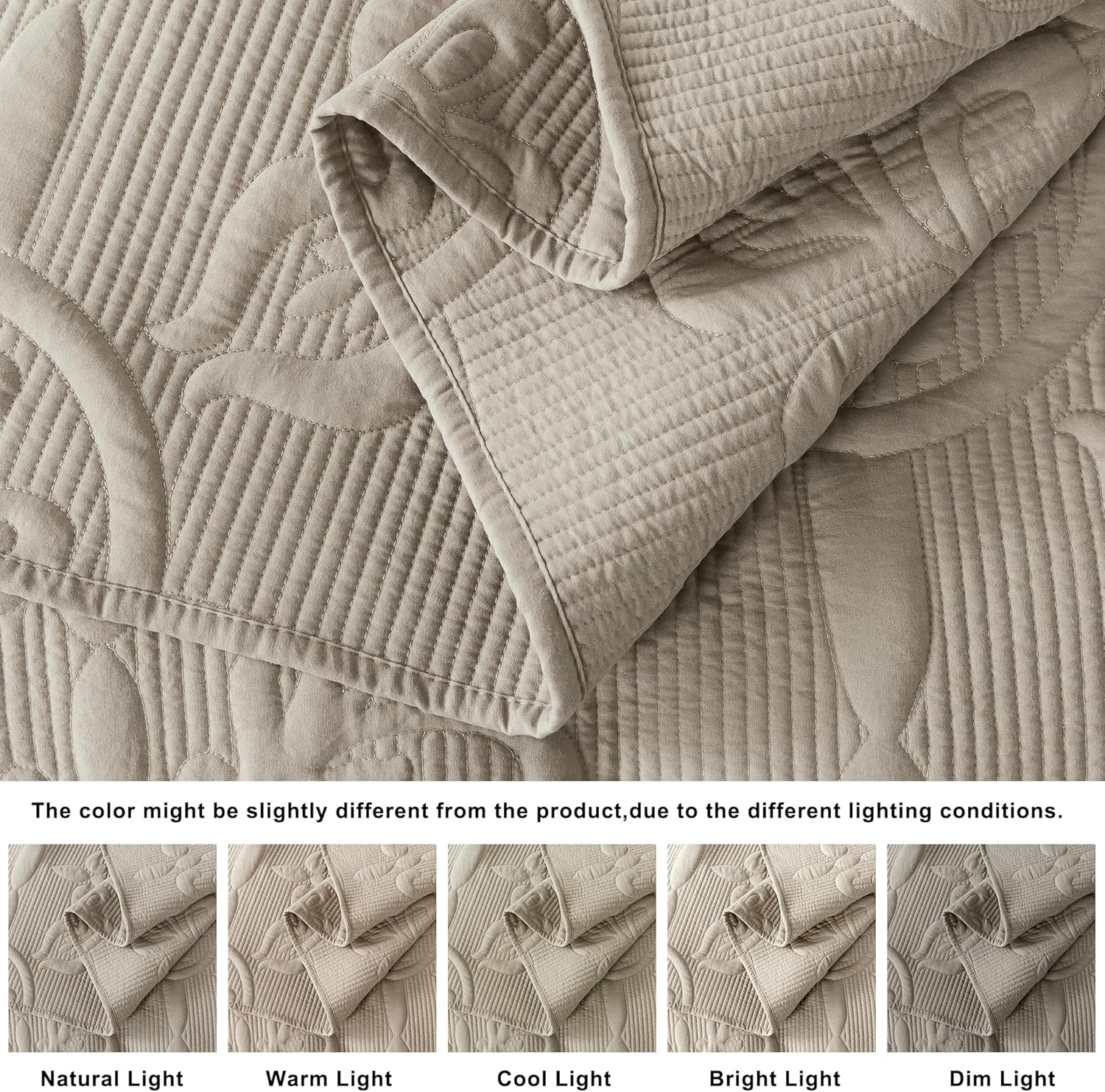 Beige Damask Quilt California Cal King Size Bedding Sets with 2 Pillow Shams, Oversized Boho Bedspread Lightweight Soft Farmhouse Vintage Coverlet Jacquard Pattern Bed Cover for All Season, 3 Pieces - Image 5