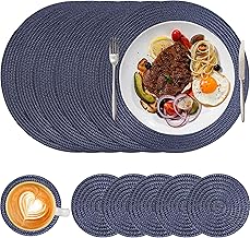 Round Placemats and Coaster Set of 6, Woven Place Mats Washable Heat Resistant Table Mats for Dining Table, Navy Blue