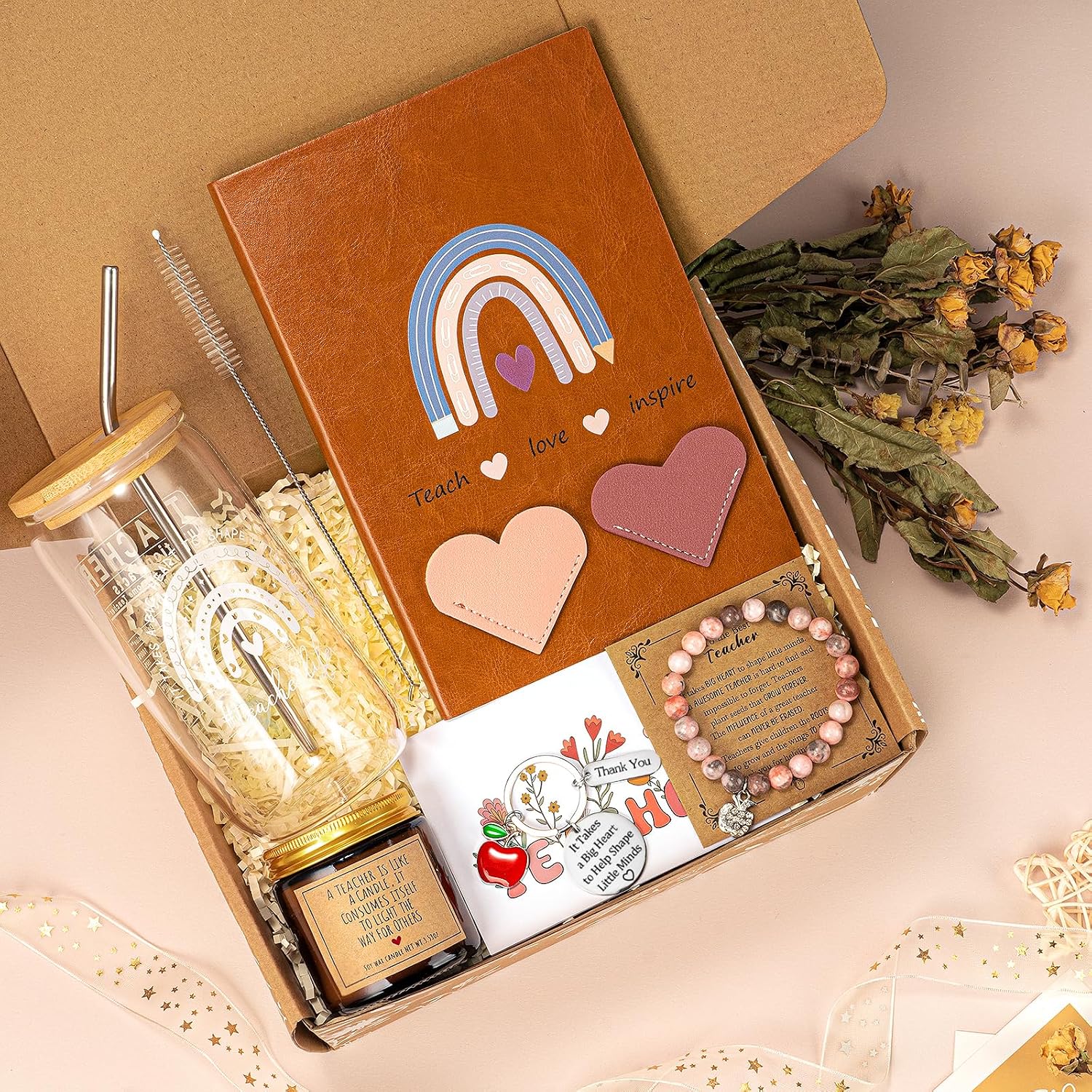 Teacher Appreciation Gifts for Women, Thank You Gifts for Teachers from Students – Teachers Day, End of Year, Graduation, Retirement, Birthday Gift Basket with 16oz Drinking Cup, Journal(Brown)