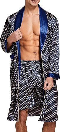 Sanraflic Men's Satin Robe and Shorts Set - Lightweight Silk-Like Long Sleeve Bathrobe with Pockets