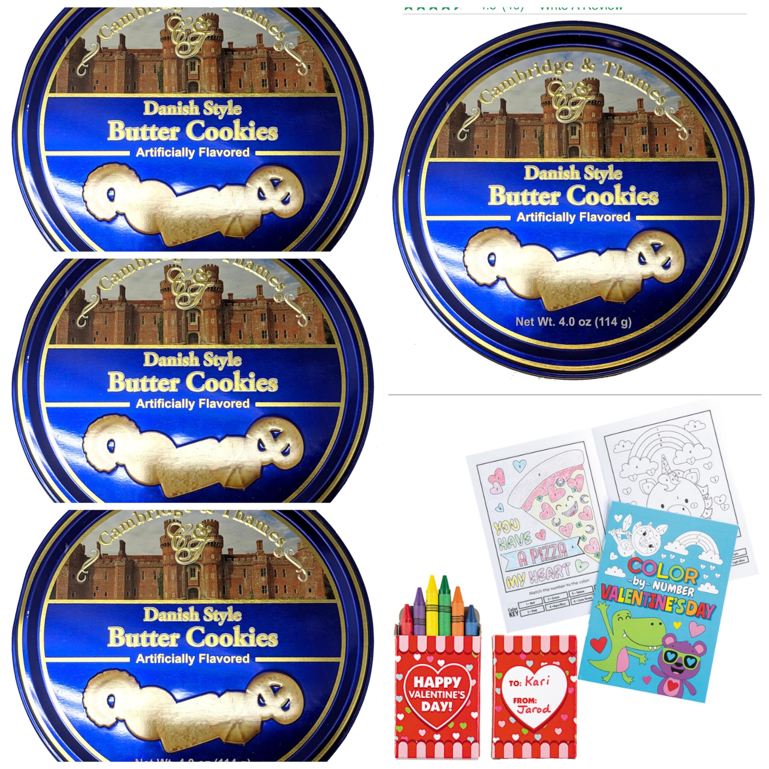 Danish cookie ( Cambridge & Thames Danish Style Butter Cookies 4 Oz Mini Tin (4 Tins) And 4 valentines Coloring Books With Crayons - Christmas Butter Cookie - Best Valentines Day Gift For Kids - Schools- Daycare . Hospitals- Perfect Size for Goodies Bags