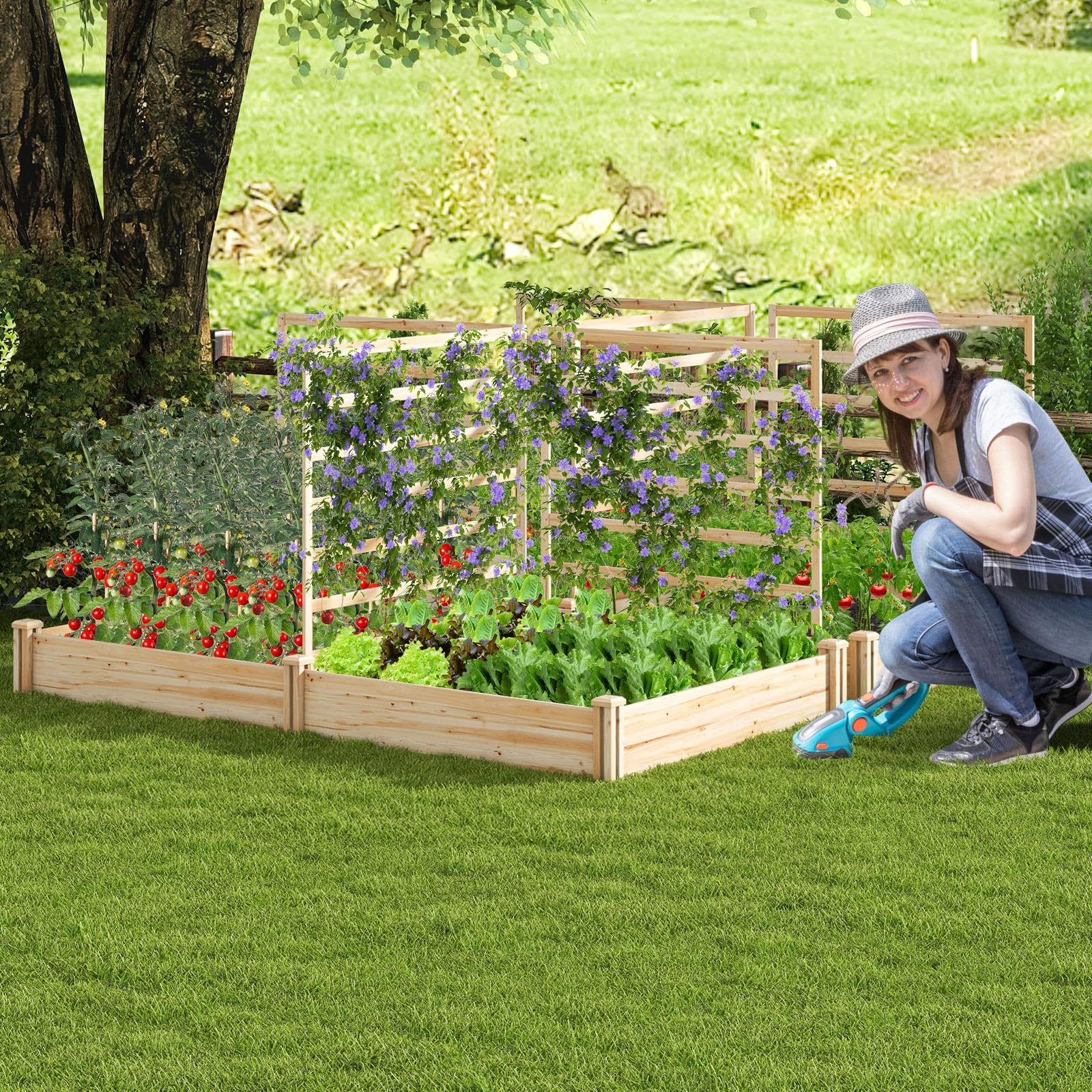 COSTWAY Letto Rialzato da Giardino con 2 Cassoni per Piantare e 3 Tralicci, Aiuola Rialzata da Giardino in Legno per Fiori, Erbe, Verdure, Frutta e Viti Rampicanti, 222 cm x 114 cm x 110 cm (Naturale)