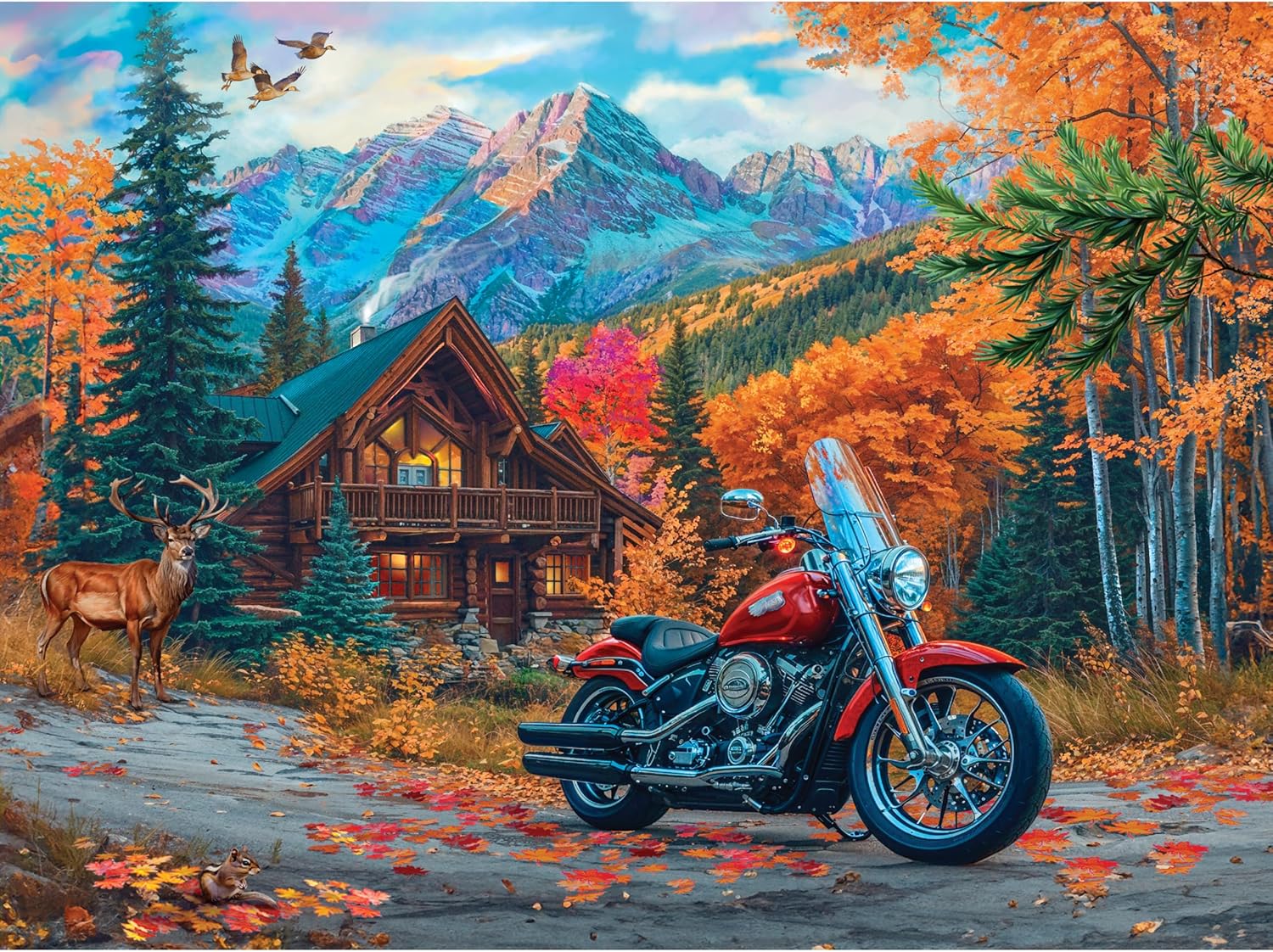1000 Piece Puzzle for Adults Chris Bigelow At The Lodge Colorful Camping Motorcycle Jigsaw 27x20