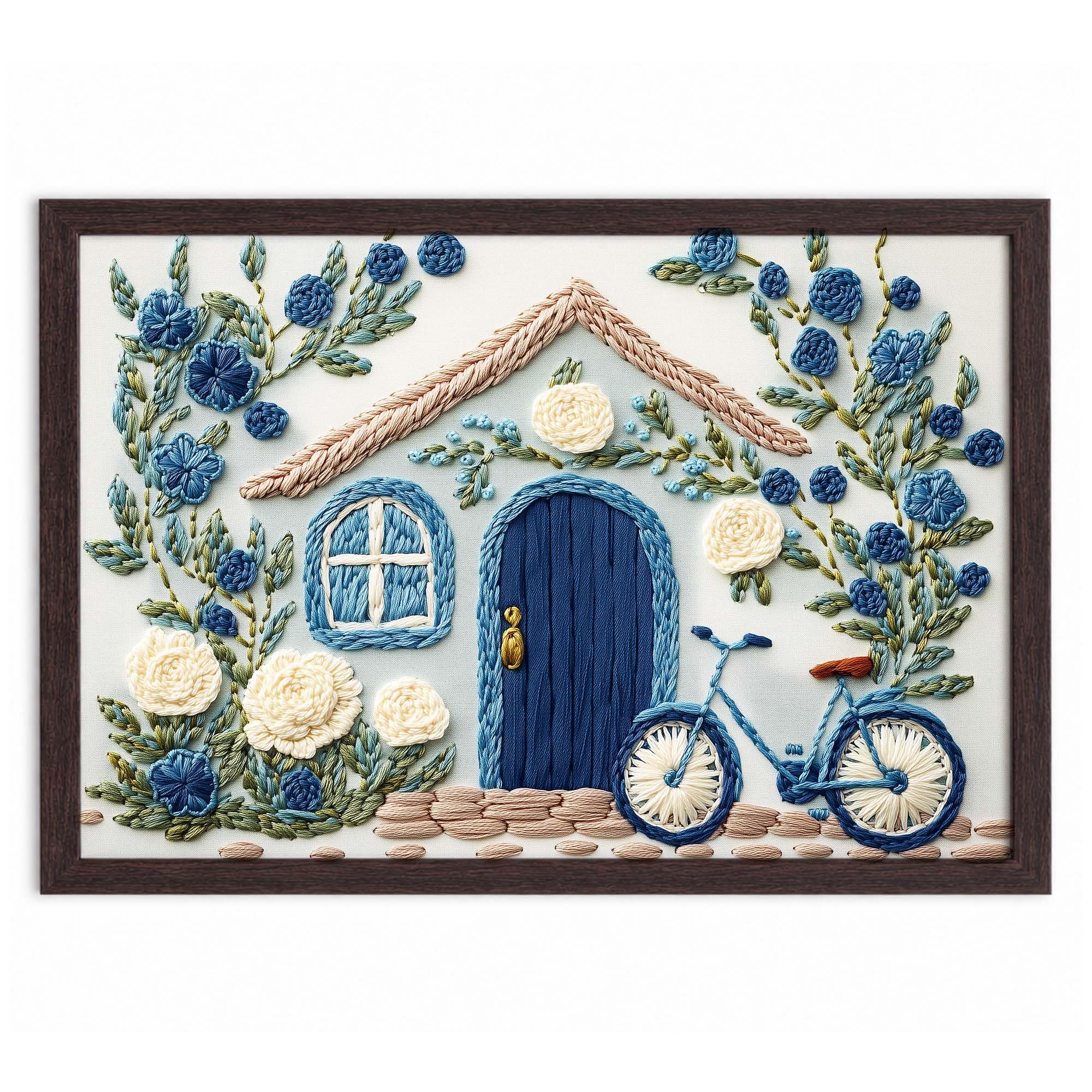 BLUE BLOOM COTTAGE - PAPER PAJAMA - Floral Embroidered Cottage House with Bicycle Framed Wall Art for Bedroom & Living Room | Rustic Botanical Needlework Illustration - 10x13 Inches-picture-10