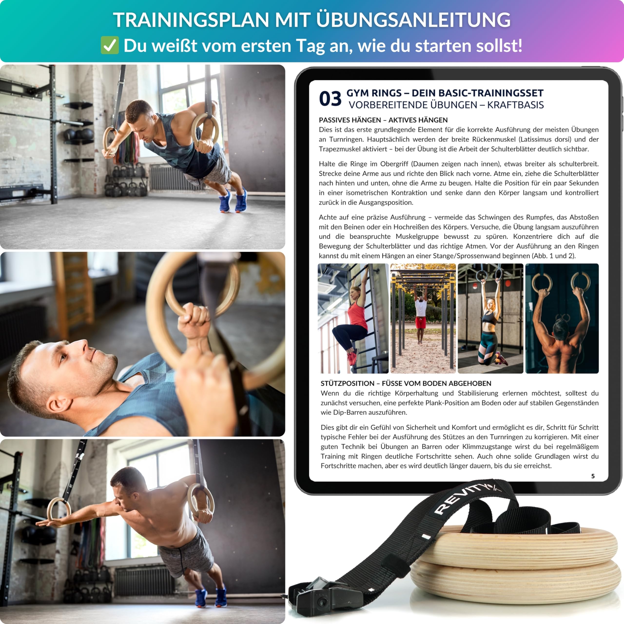 Turnringe Holz - Olympische Gymnastikringe für Crossfit, Ringe Calisthenics 32 mm, Gurte 450 x 3.8cm mit Markierungen, Maximale Belastung 250 kg, Griffbänder, Trainingsplan als PDF, Tragetasche