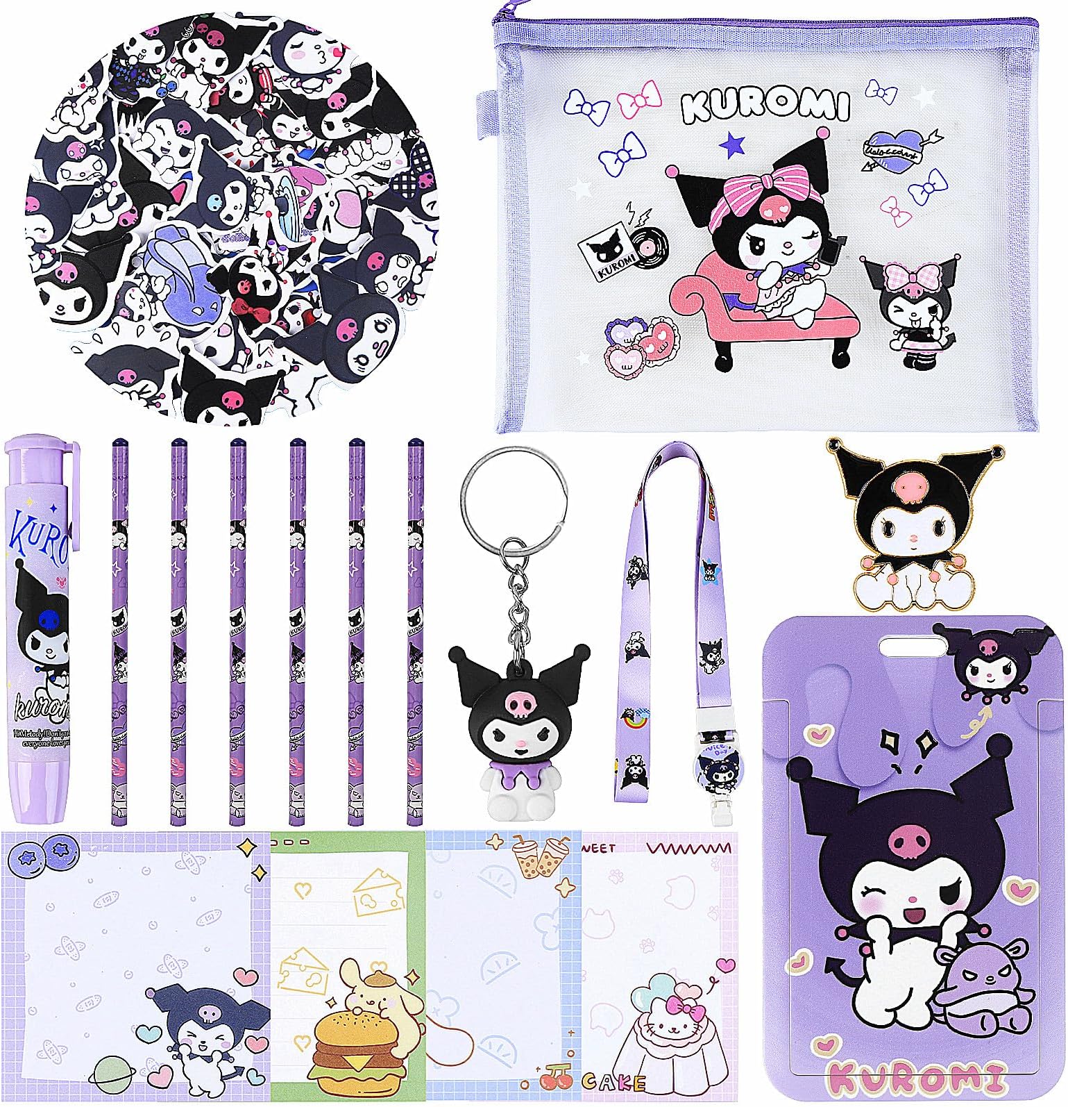 Cute School Supplies, Kawaii Stationary Set, Including Stickers, Pencils, Pen-Style Eraser, Sticky Note, Lanyard with ID Badge, Back to School Gift for Girls Boys Kids
