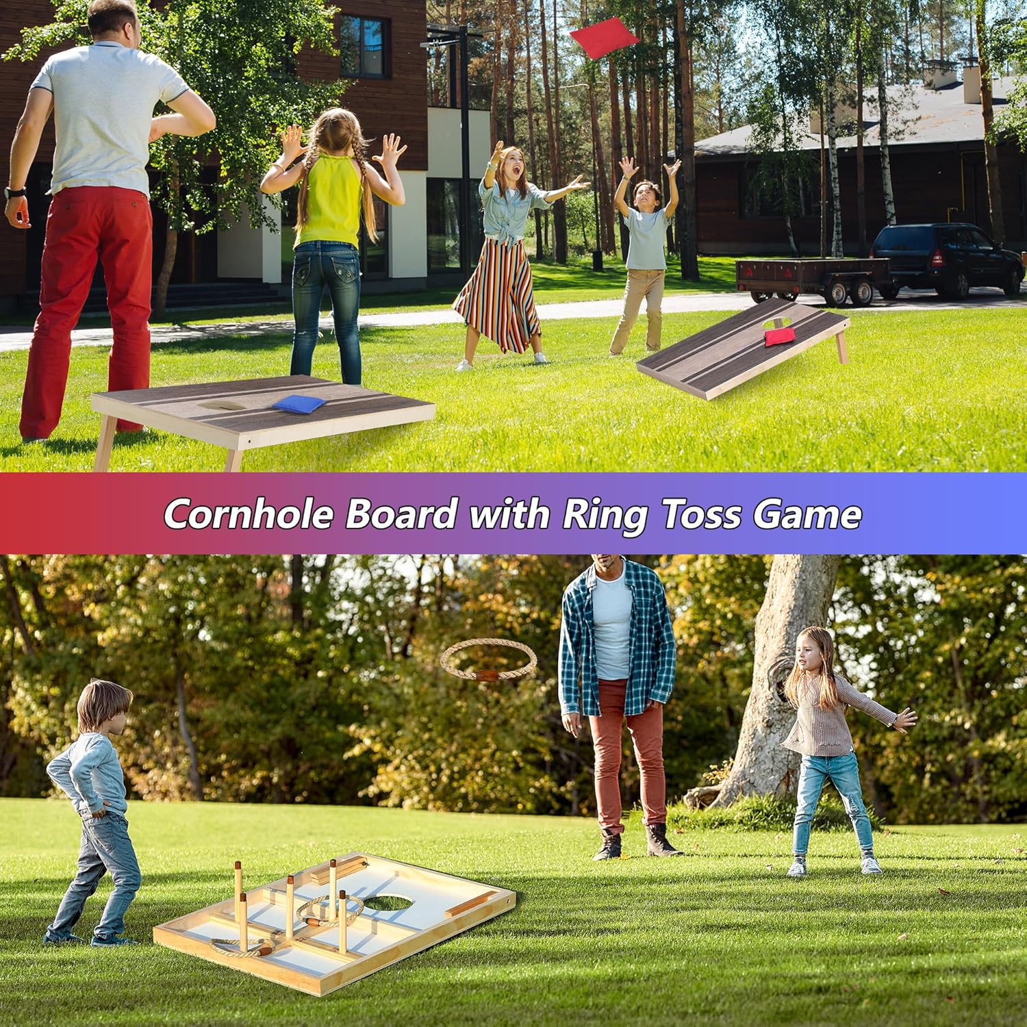 Cornhole Board Set with Ring Toss Game, Soild Wood Cornhole Game Set with 8 Bean Bags and 2 Cornhole Boards, 3x2 ft Premium Corn Hole Games for Adults and Family