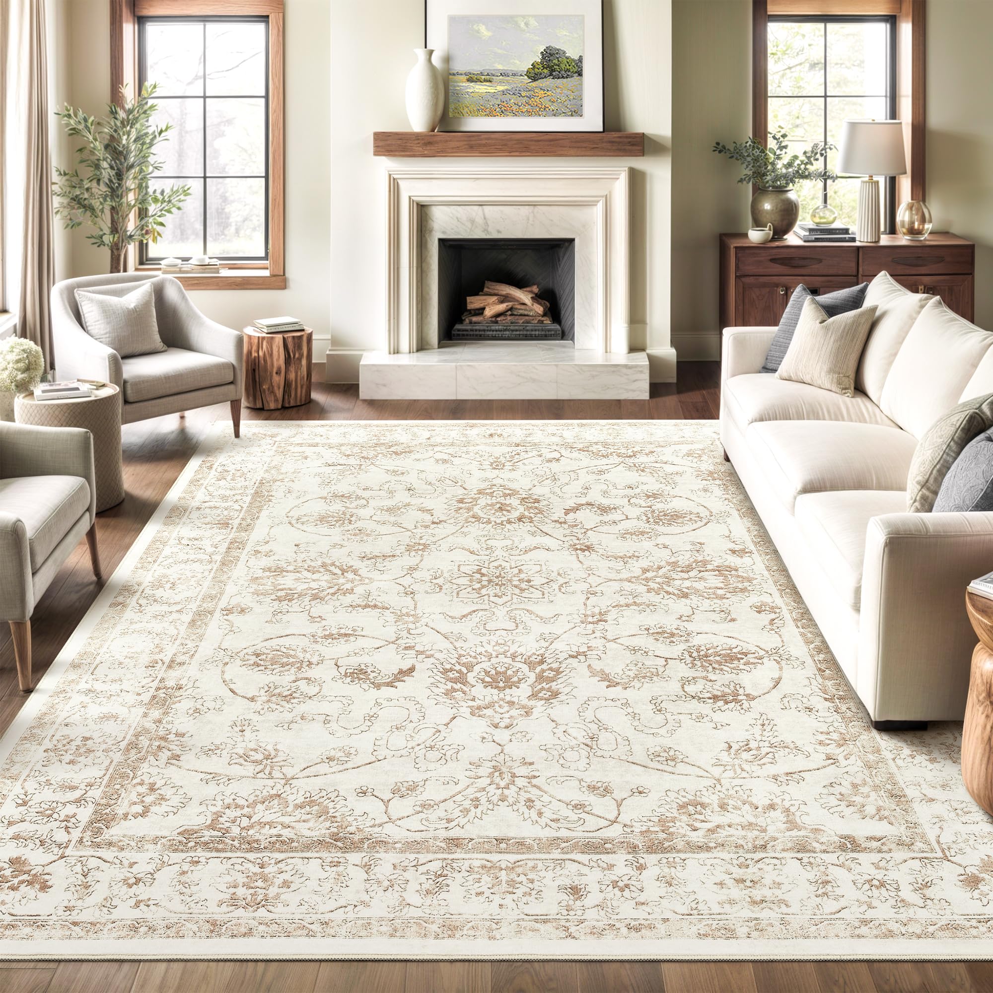 Madane Washable 6x9 Area Rugs for Living Room, Vintage Natural Rug with Non-Slip Backing, Soft Stain Resistant Throw Rugs Thin Carpet for Bedroom