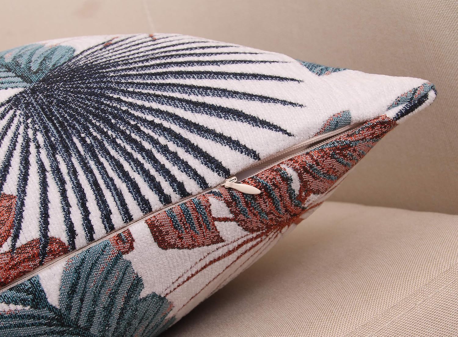 Yeiotsy Throw Pillow Cover, Tropical Leaf Decorative Cushion Case Thick Jacquard Chenille (Teal & Red, 18 x 18 Inches) image 4