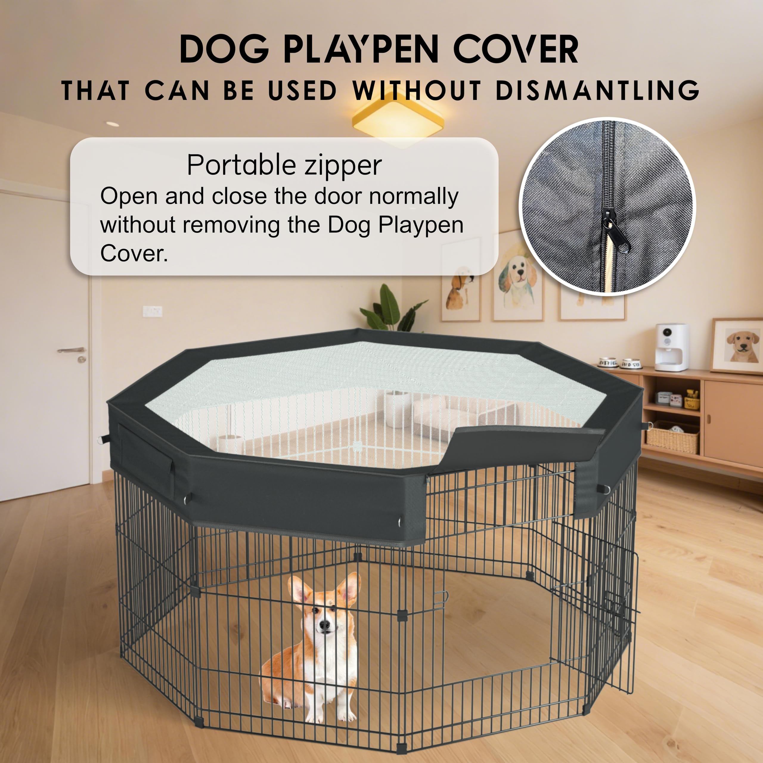 Hunde-Laufgitterabdeckung, verstärkt mit wasserdichtem Sonnenschutzvorhang, 1680D Oxford-Stoff und Nylon-Netz, UV-beständig, passend für 61 cm 8 Paneele, achteckig, nur für 61 cm große