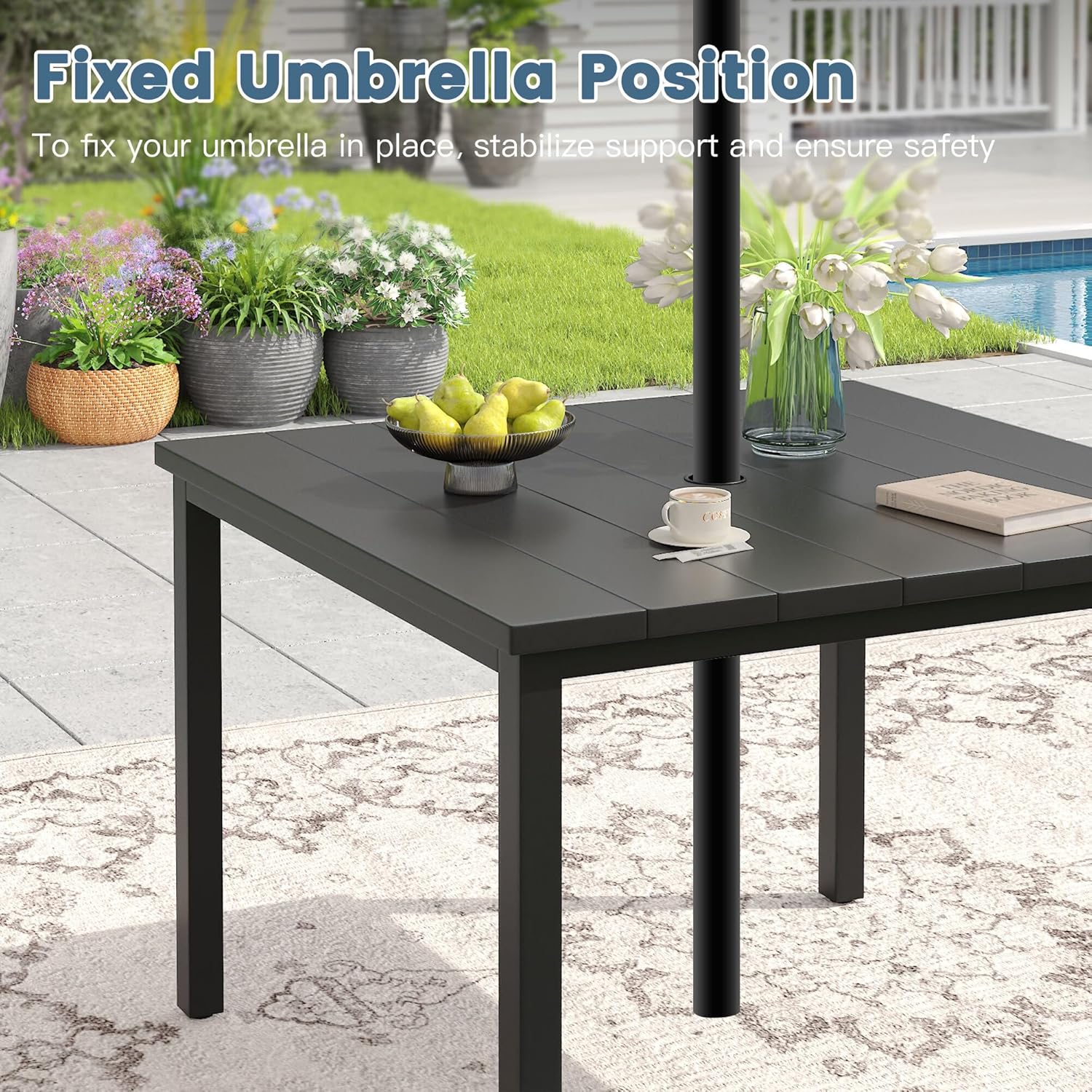 DIFY 5 Pieces Outdoor Patio Dining Set for 4, 40.2" Black Square Metal Dining Table and 4 Grey Stackable Textilene Patio Chairs, Outdoor Table and Chairs for Backyard Garden Poolside