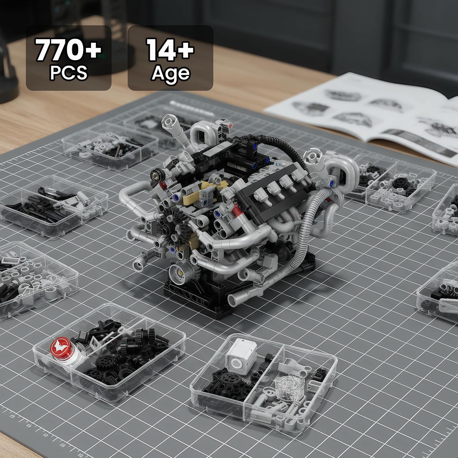 V8 Mini Engine Build Kit, App Controlled Motor a Escala para Armar, 770Pcs Engine Building for Kids and Adults, STEM Engineering Kits for Kids Age 8-12, Realistic Tech Hobby Gift