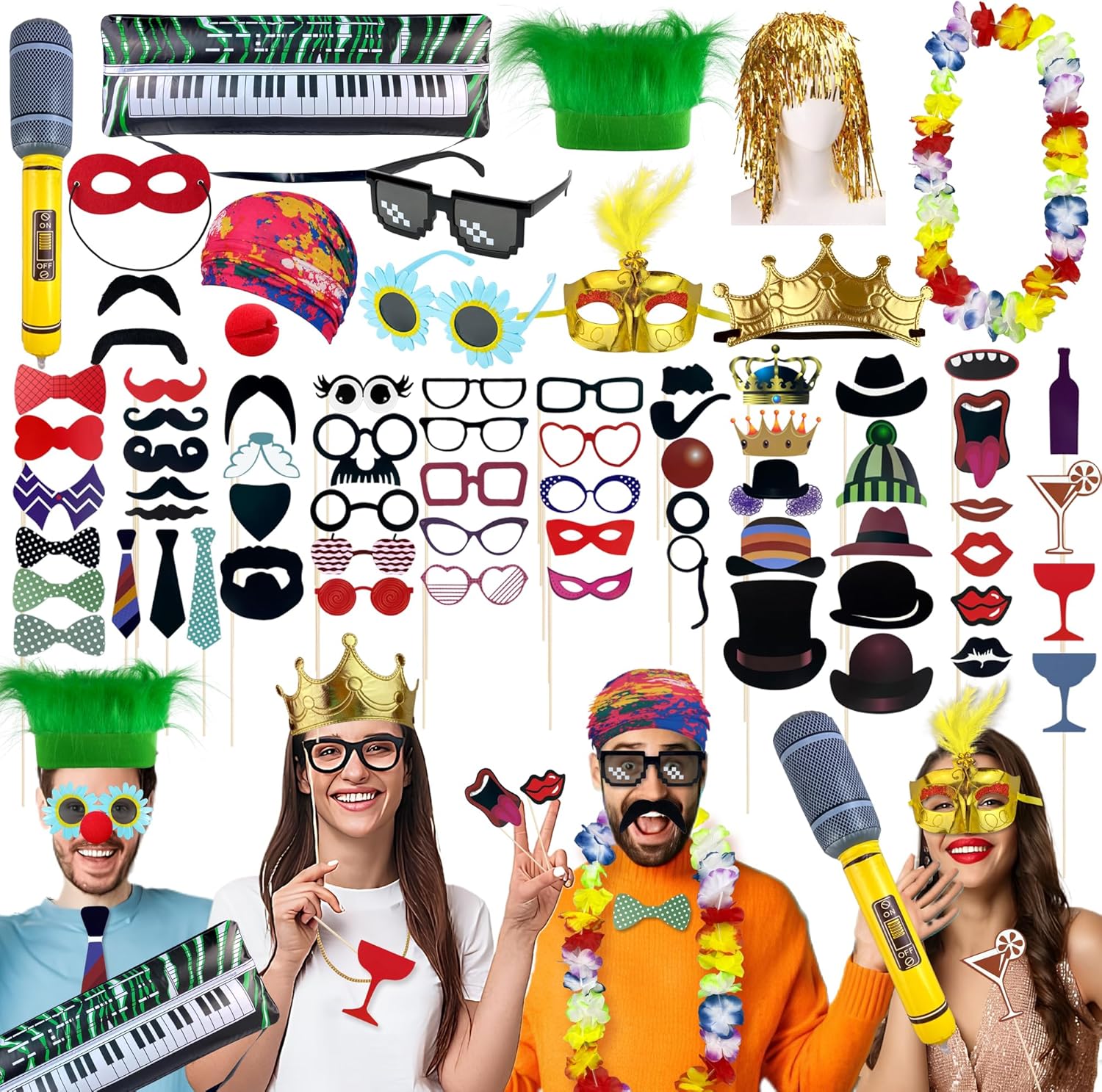 69PCS Colorful Photo Booth Props Set Novelty Funny Hats Wigs Glasses Props Sign Perfect for Graduation Birthday Bachelorette and All Occasions
