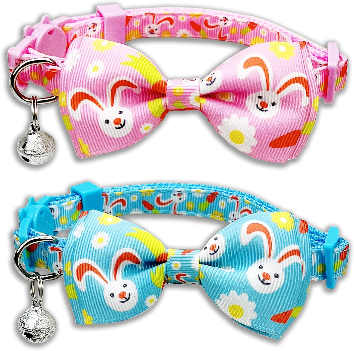 Easter Cat Collar with Bow Tie, Holiday Kitty Kitten Bunny and Carrot Breakaway Collar with Bell for Girls and Boys
