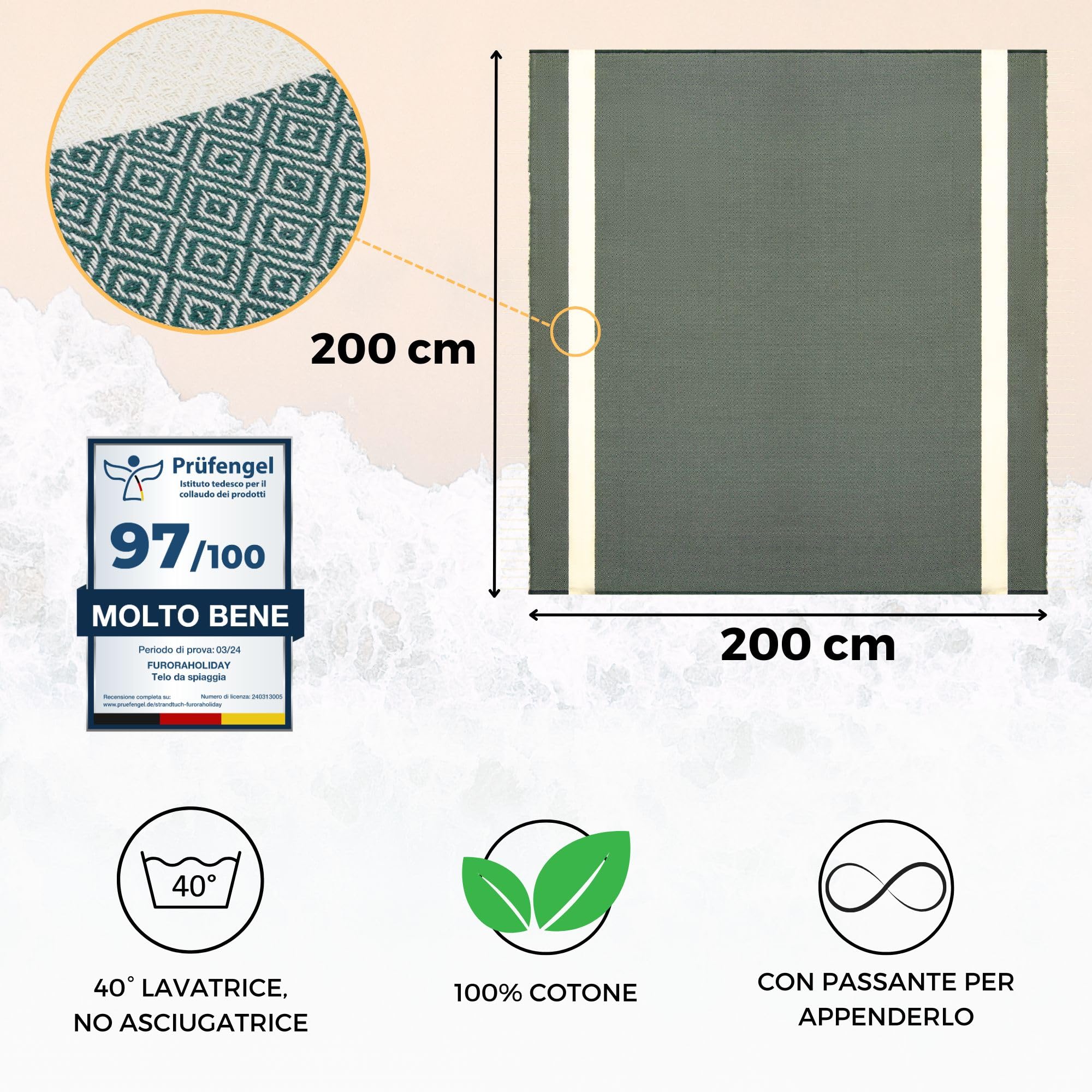 furora HOLIDAY Telo Mare Grande cotone 200x200 cm XXL GIGANTE | Telo Spiaggia antisabbia - Coperta Pic Nic - Pareo Asciugamano Mare spugna | Fouta Beach Towel lungo, frange angoli, Uomo Donna Ragazzi