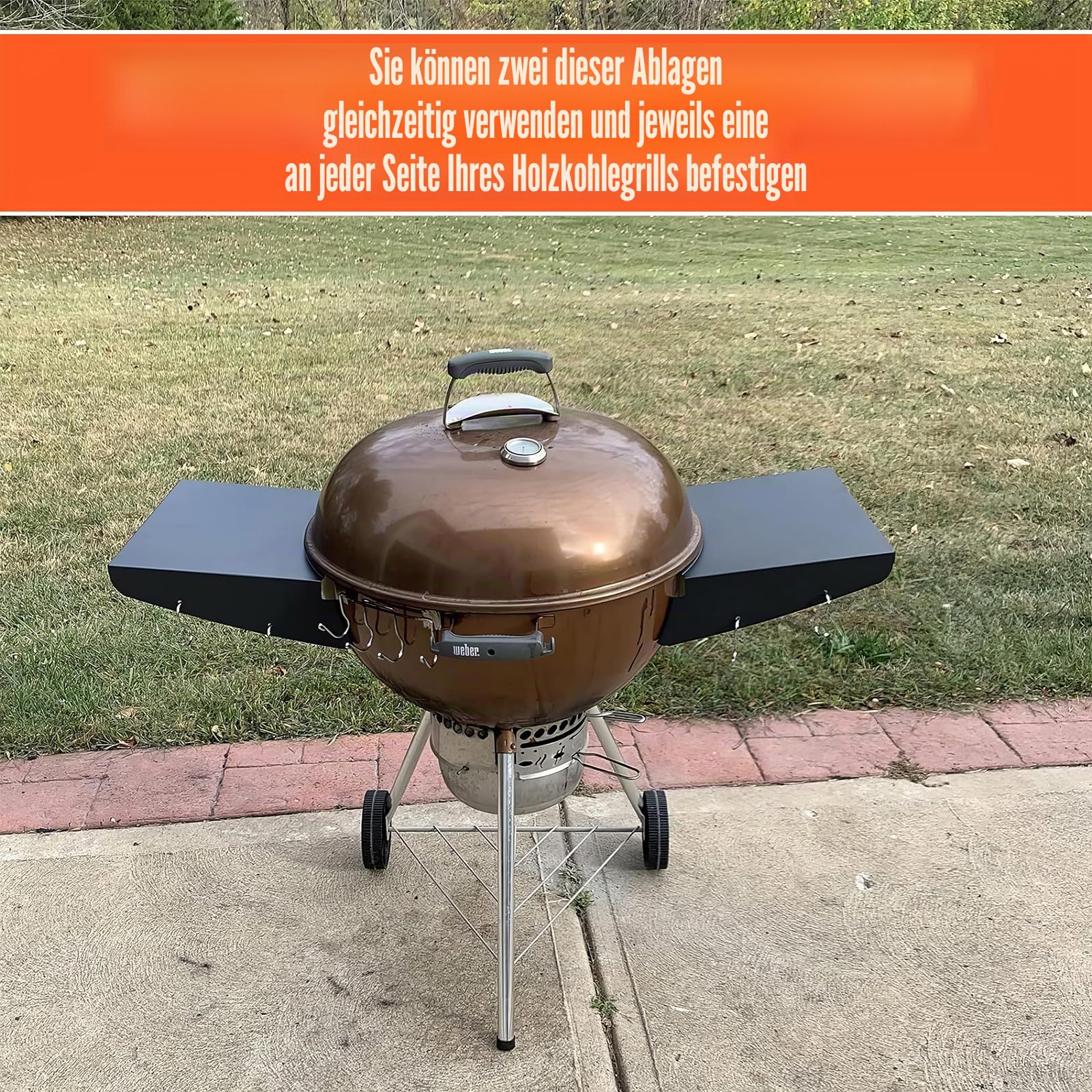 GFTIME Grill Beistelltisch für Weber 57 cm Kugelgrill, Master-Touch & Napoleon Kettle, Klappbarer BBQ Seitentisch, Rostfreier Stahl, Inkl. Haken, Perfekt für Outdoor Grillen, Holzkohlegrill Zubehör