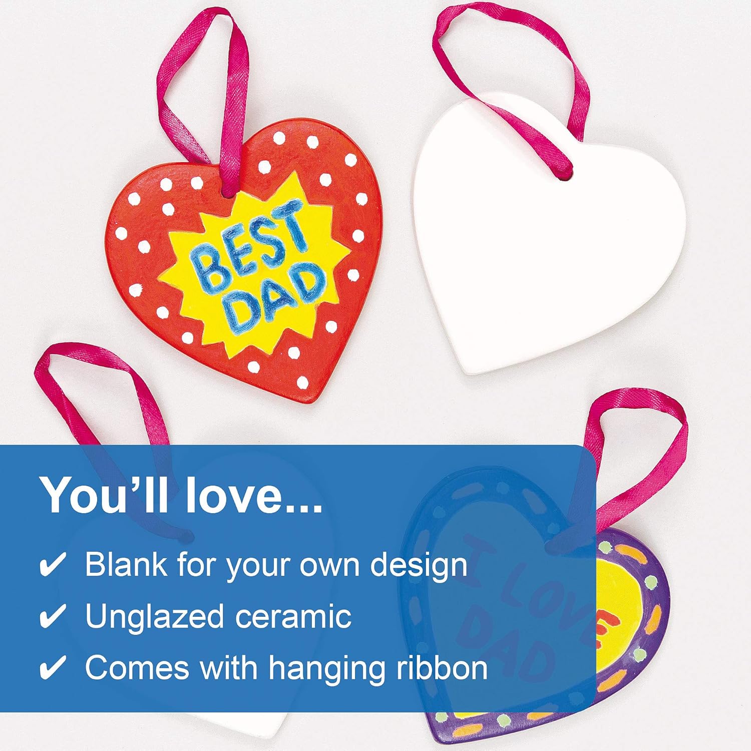Baker Ross EV5425 Hanging Ceramic Heart Ornaments - Pack of 5, for Kids to Paint, Decorate and Display. Great for at Home Art Crafts