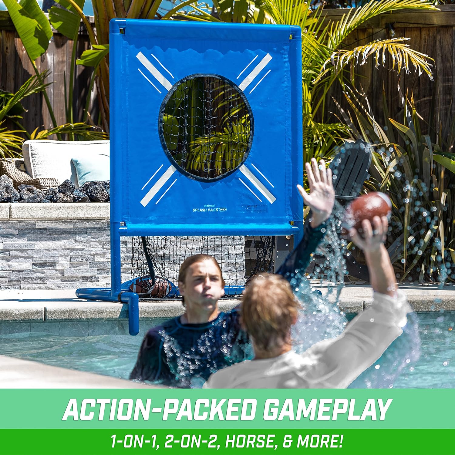 GoSports Splash Pass PRO Pool Football Game - Includes 4 Footballs, 4 Baseballs, and Ball Pump