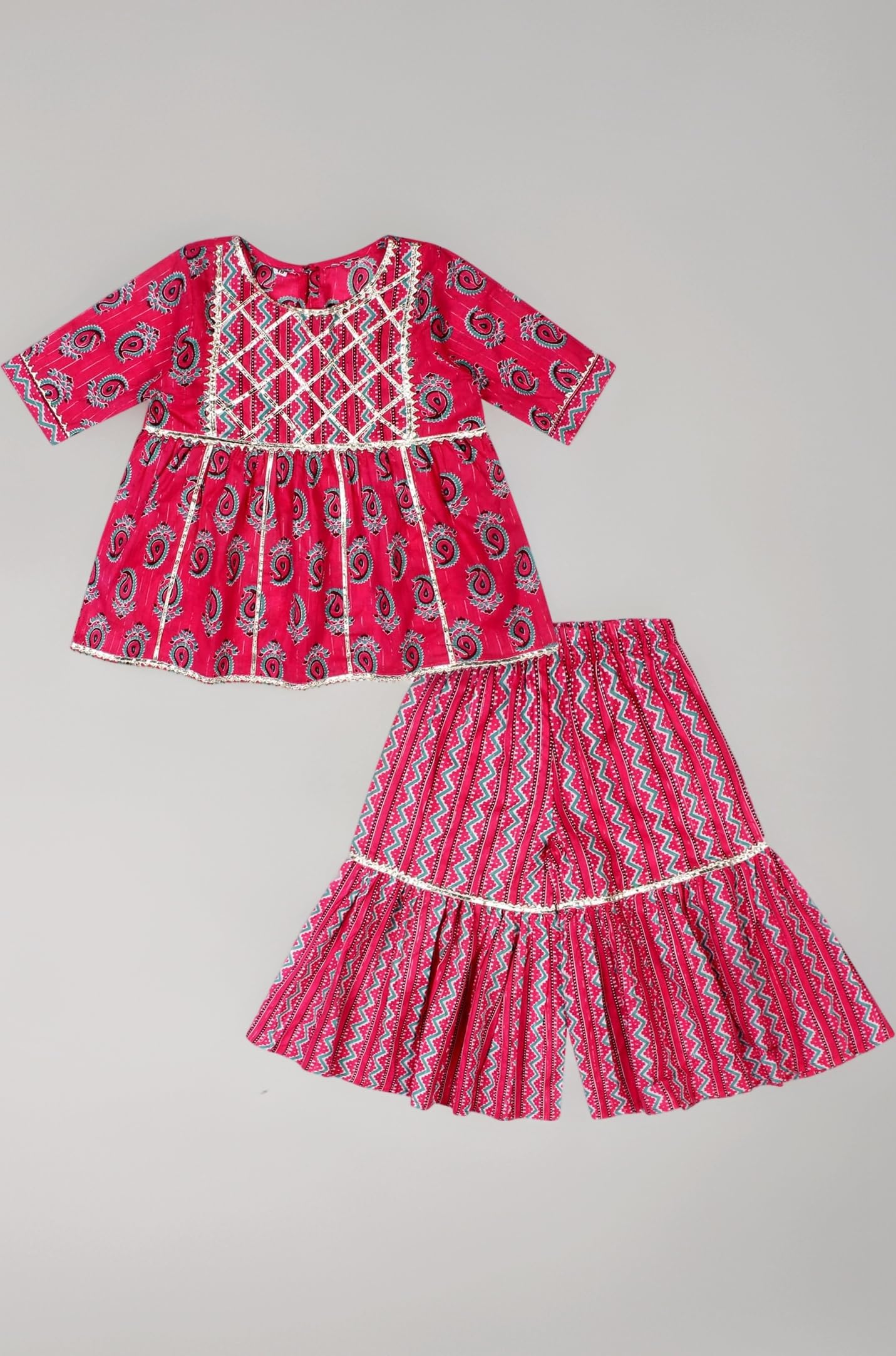 Superminis Girls Sanganeri Prints Frock Style Cotton Kurti With Full Length Sharara Set