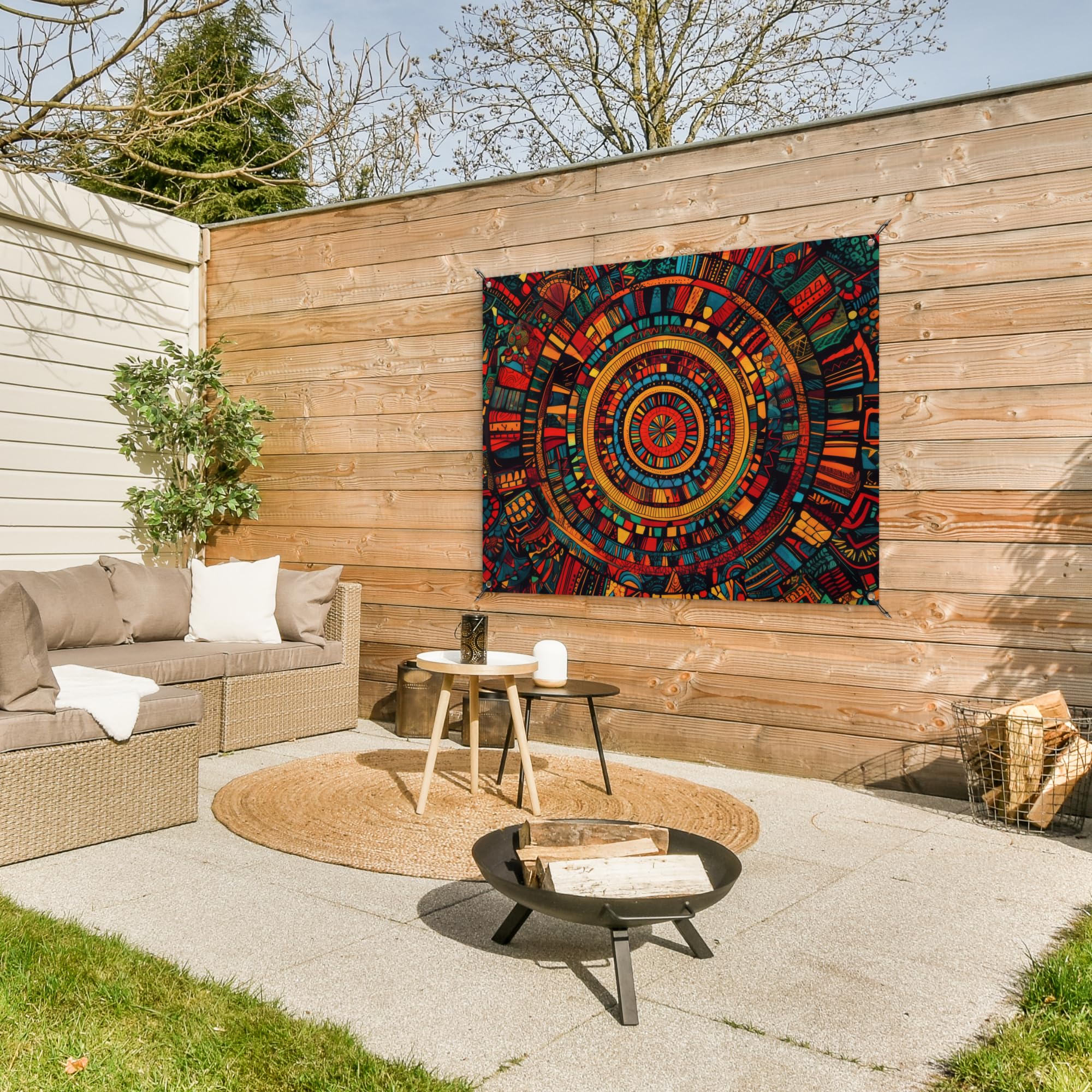 MuchoWow© Decoracion Jardin Exterior Decoración Pared Póster De Jardín | 120x90 cm - Balcón Wall Decoration Patio Posters Decorativos Terraza Mandala - Círculos - Patrones