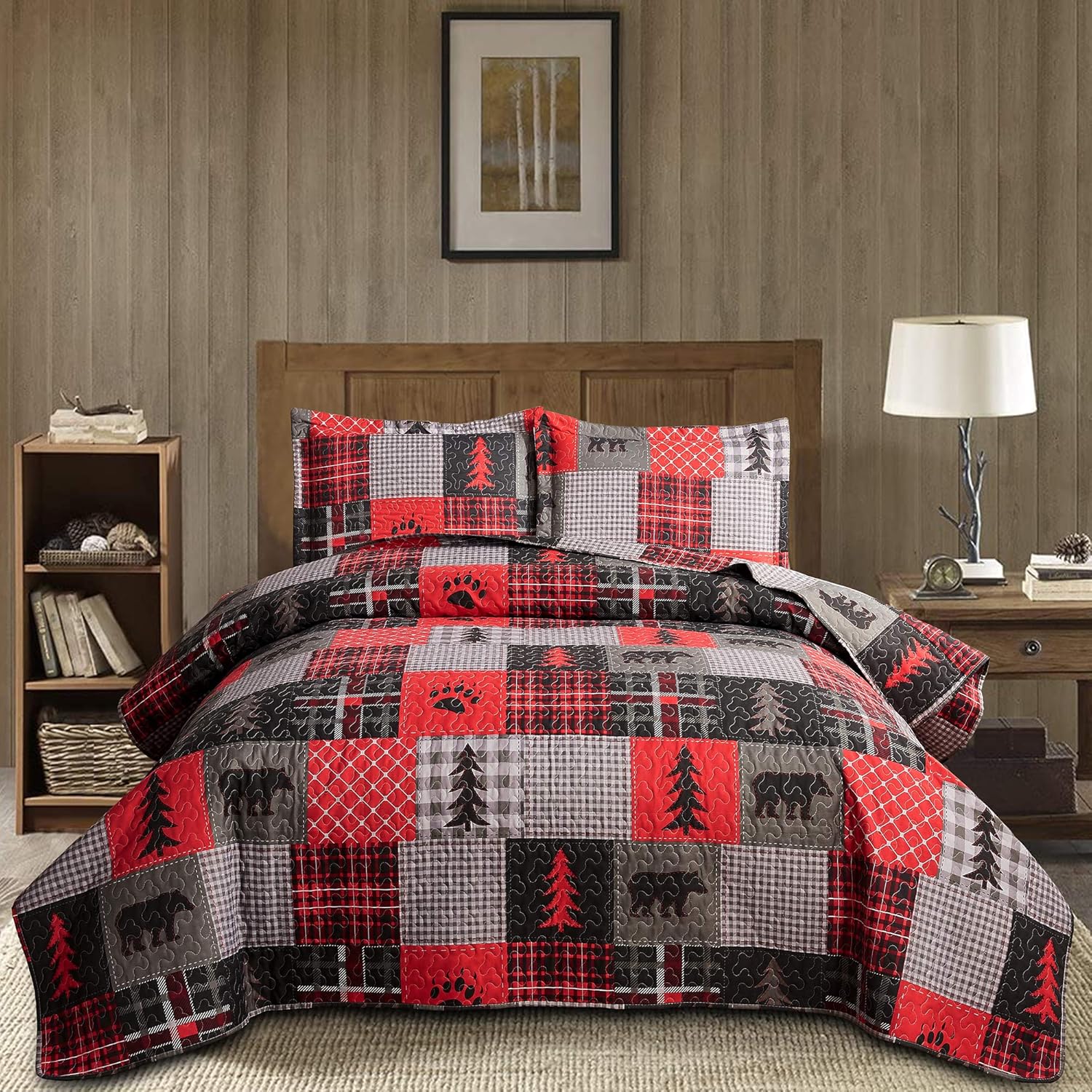 Plaid Bedspread Set King Size Rustic Bedding Lodge Quilt