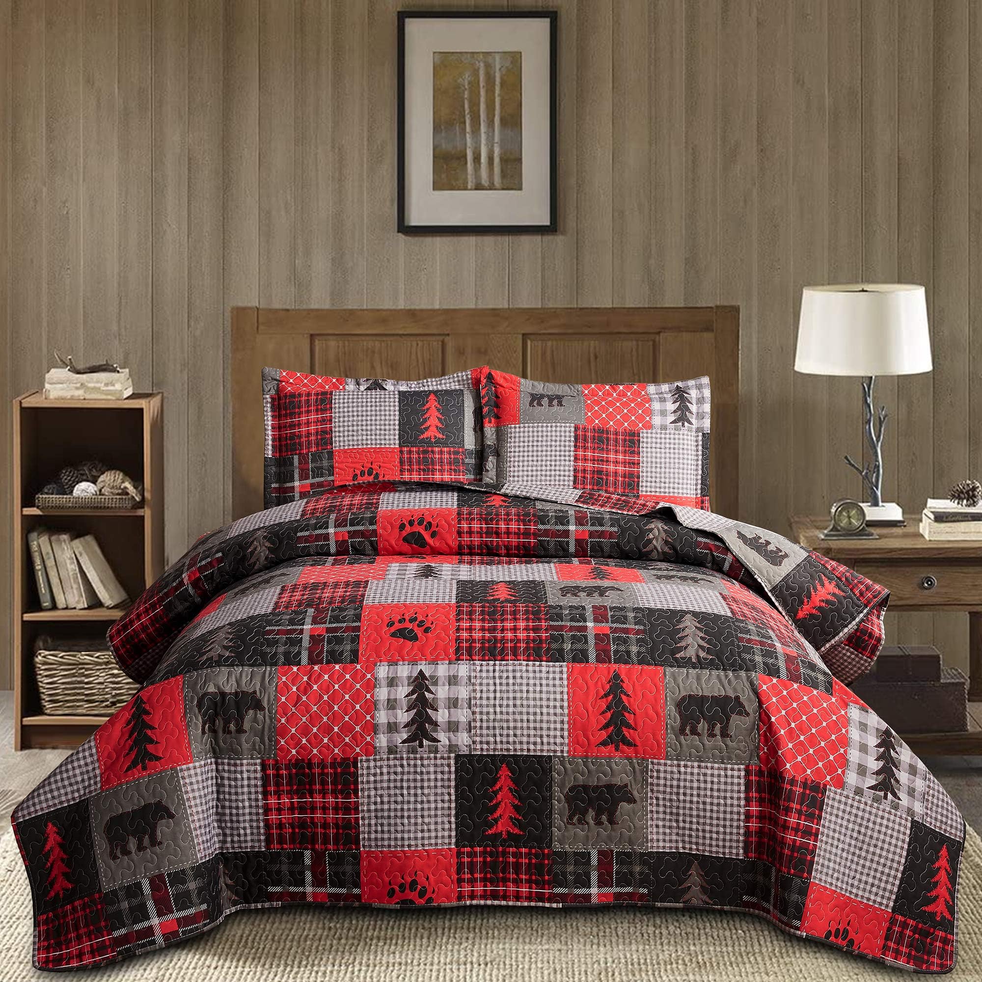 Bedspread Coverlet Twin Size Rustic Quilt Set Bedding Twin Plaid Quilt Bedding Lightweight Bedspread Lodge Cabin Bear Bedding Country Patchwork Quilt Bedspread Coverlet Rustic Reversible Quilts