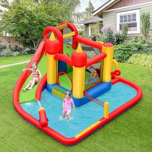 Vista 14 de BOUNTECH Castillo inflable para tobogán acuático, castillo de salto de parque acuático 6 en 1 para niños con 2 piscinas de salpicaduras, anillo