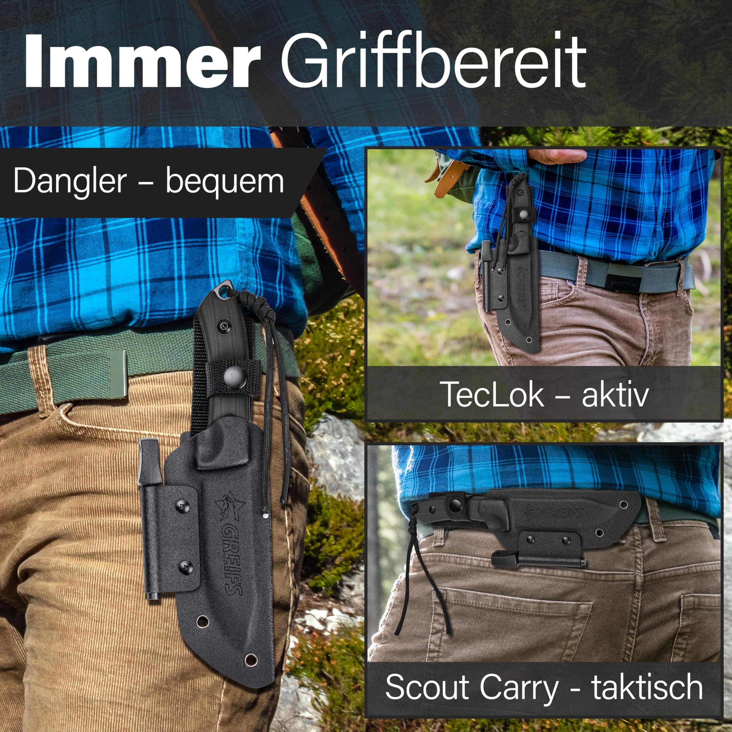 GREIFS® Outdoor-Messer aus D2 Stahl mit Kydex Holster und Feuerstahl, edles Survival Messer für die Bushcraft Ausrüstung, Jagdmesser, Schnitzmesser, Fahrtenmesser (Milan/Schwarz)
