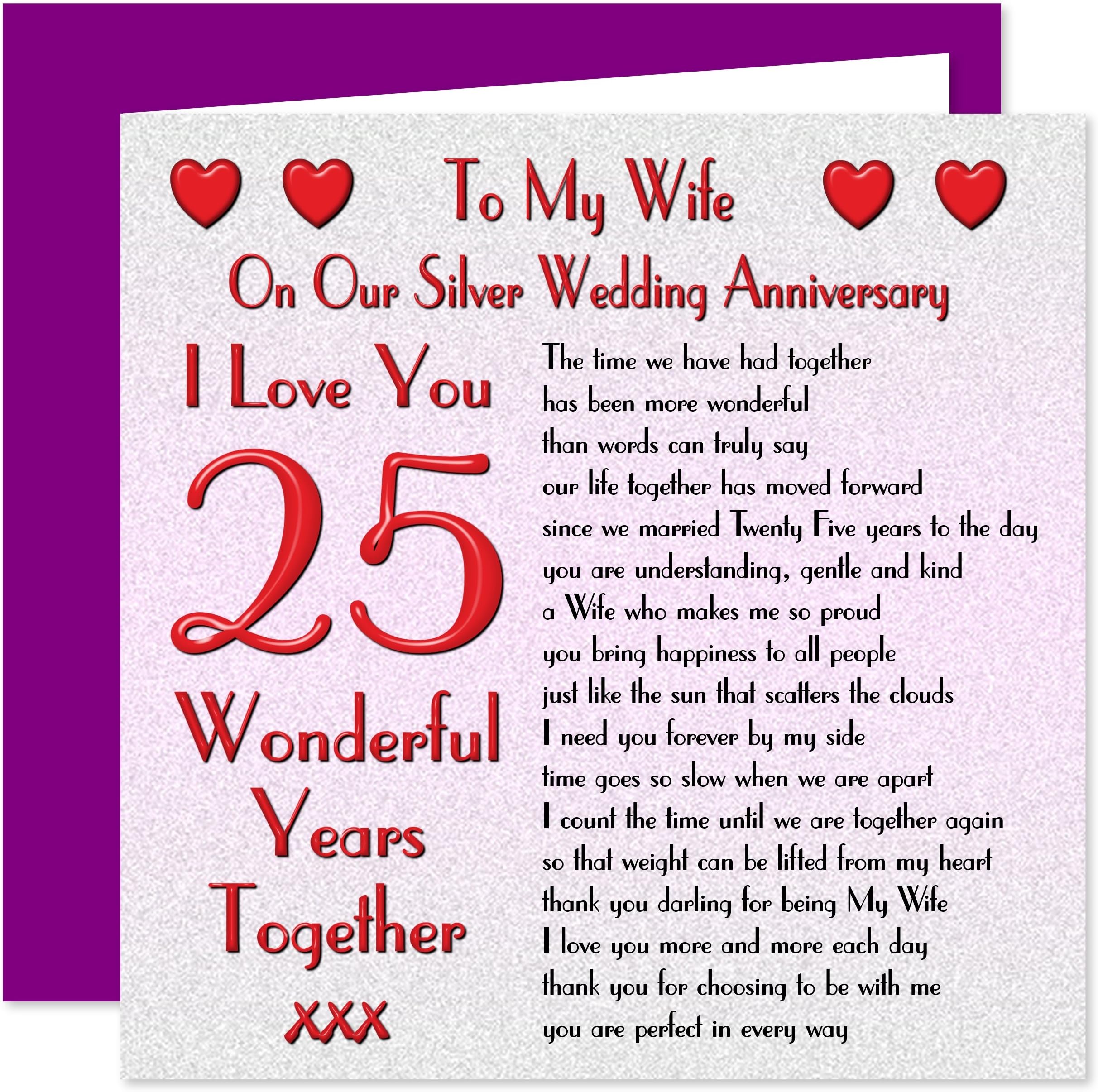 My Wife 25th Wedding Anniversary Card - On Our Silver Anniversary - 25 Years - Sentimental Verse I Love You