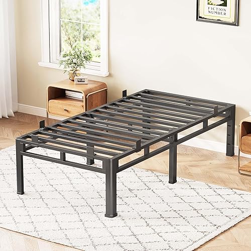 ROIL 14 Inch Twin Size Bed Frame, Double Layer Metal Bed Frame with Round Corner Legs, 4000LBS Bed Frame & Box Spring 2 in 1 Platform with Headboard