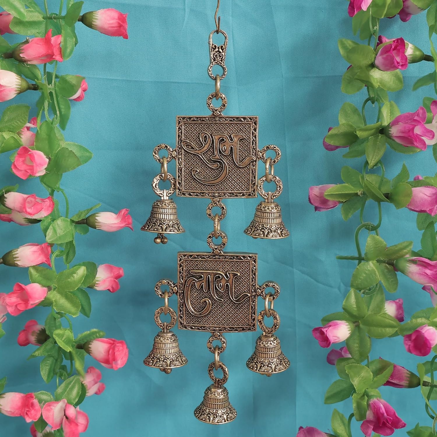 Handcrafted Brass Subh Labh Wall Hanging Bell 9.5 Inch – Traditional Shubh Labh Door Hanging with Bell | Solid Brass Decorative Hanging for Home Entrance, Temple & Wall Decor | 166 Gram