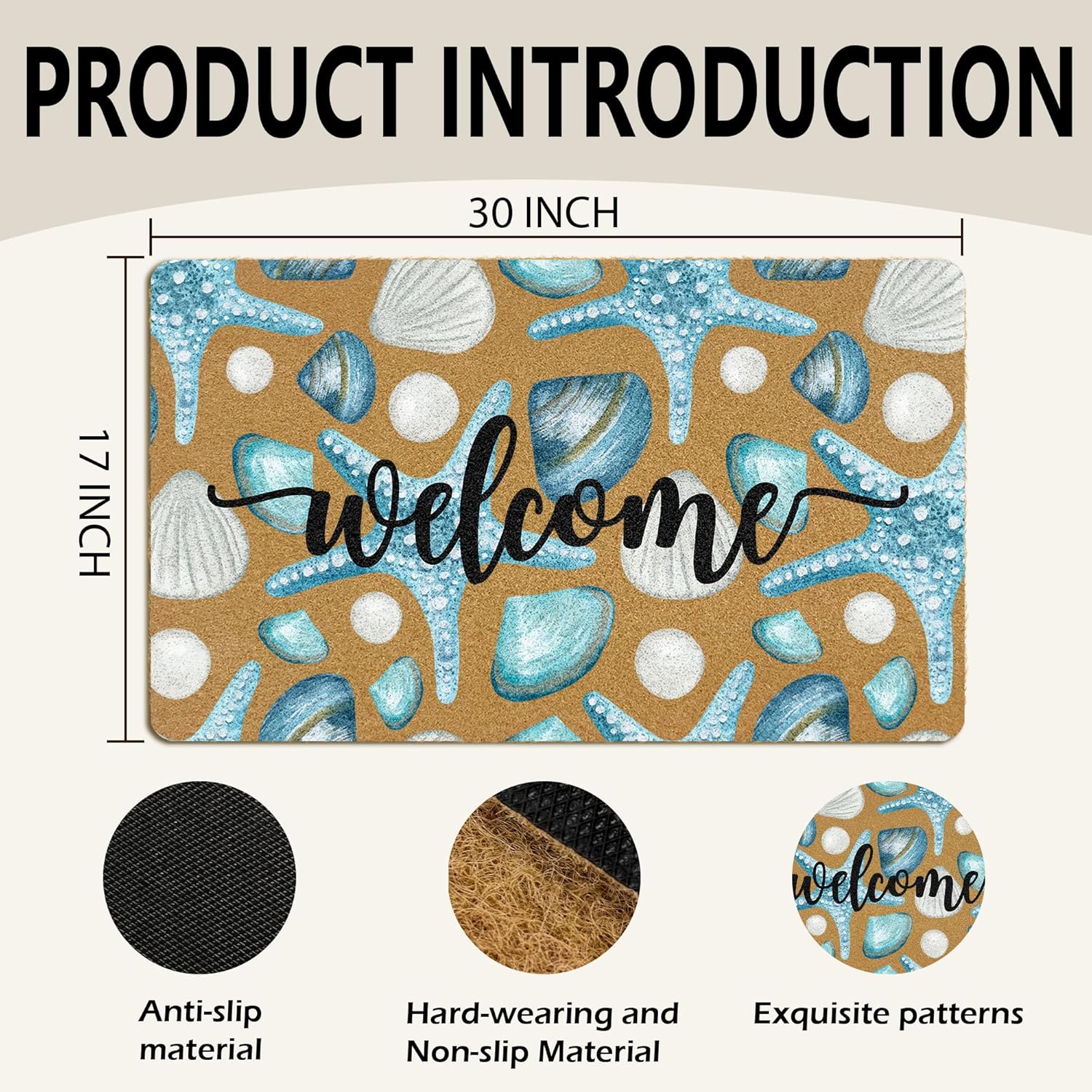 Coastal Beach Welcome Coir Door Mats Outdoor, Coastal Ocean Seashell Starfish Front Door Mat Outside Entrance, Beach Doormat Outdoor Indoor Entrance for Home Entryway Decor, 17x30in