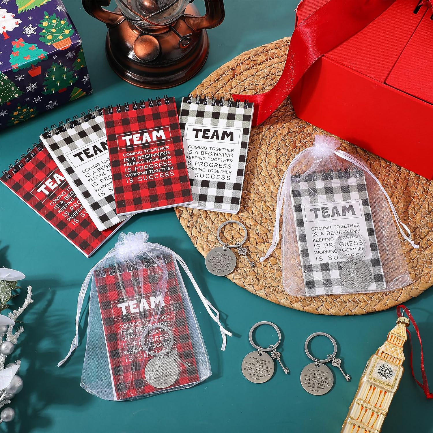 Roowest 24 Sets Team Appreciation Gifts Bulk Team Notebooks and Keychains Sets for Office Employee Coworker Staff Social Workers