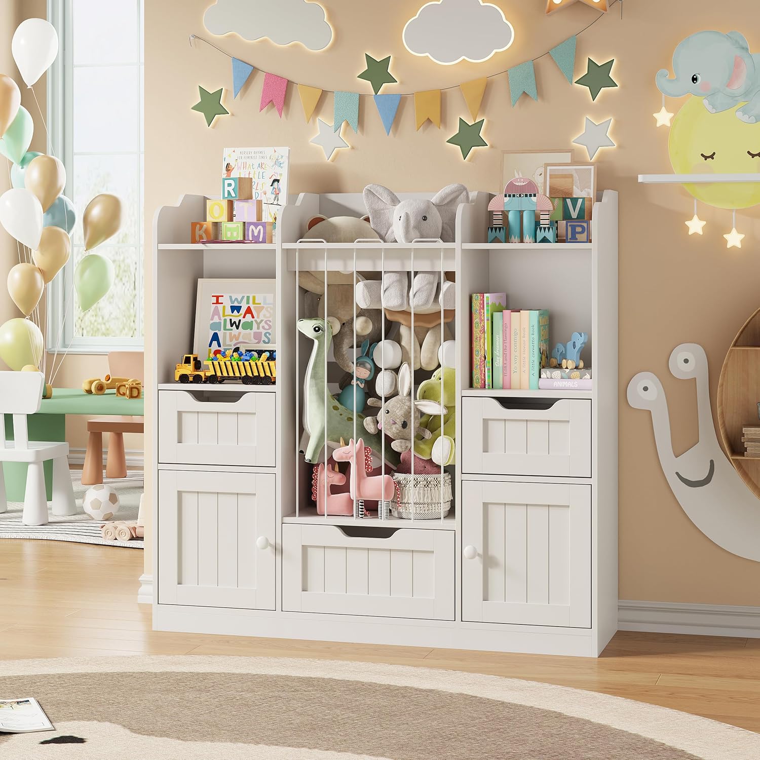 Vabches Kids Toy Storage Organizer with Stuffed Animal Storage, Kids Bookshelf with 3 Drawers and 2 Cabinets for Kids Room,Playroom,Nursery (White)