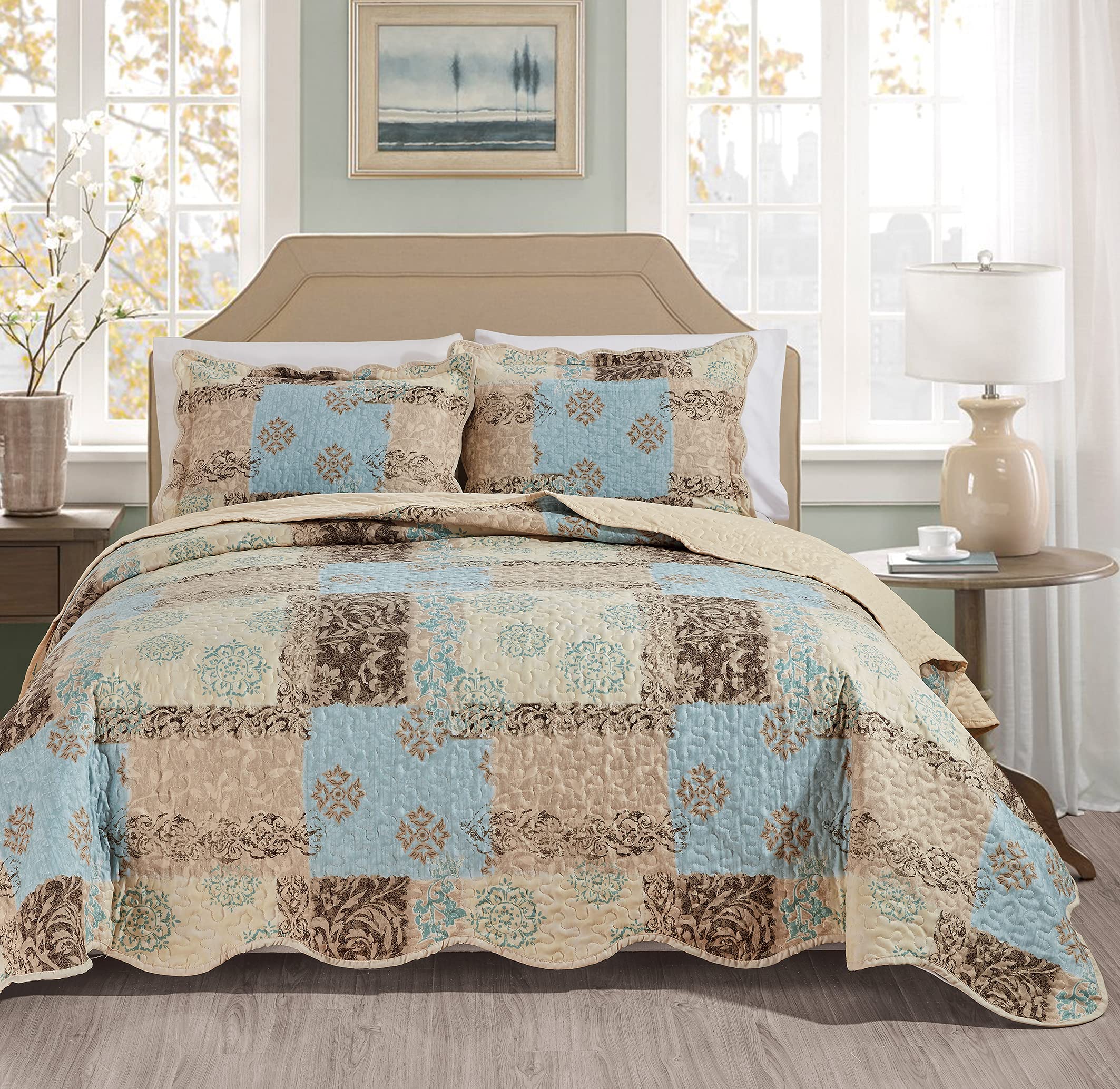 Masterplay 3-Piece Fine Printed Oversize (118" X 95") Quilt Set, Bedspread Coverlet (Caifornia) Cal King Size Bed Cover with Pillow Shams (Light Blue, Beige, Brown Floral)