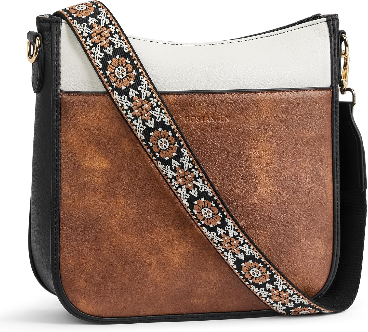 BOSTANTEN Bolsa tiracolo feminina pequena de couro com alça de ombro moderna e zíper triplo