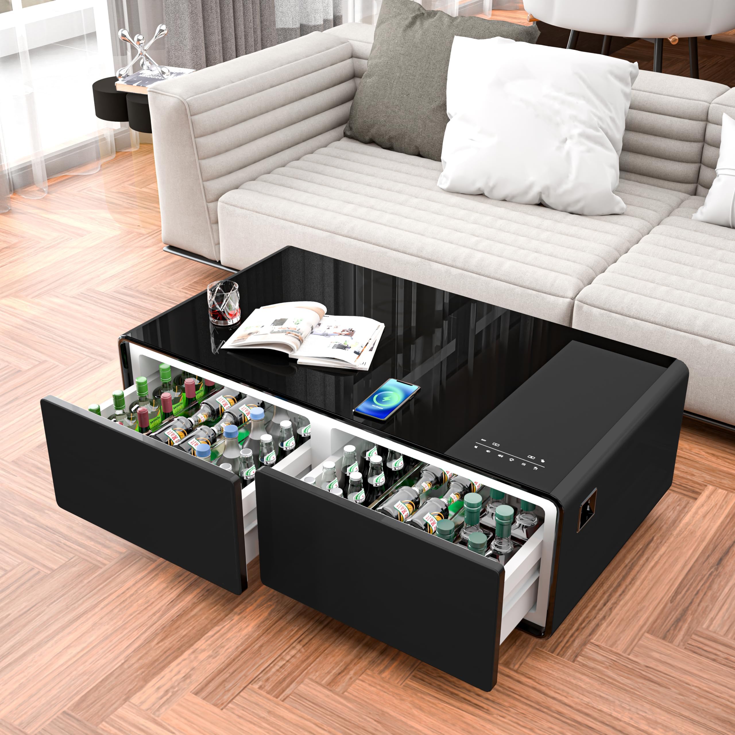 Modern Smart Coffee Table Featuring Built-in Fridge, Bluetooth Speakers, Wireless Charging, Power and USB Ports, RGB Light, Black