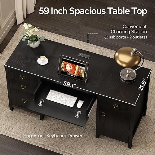Miniatura 3 de Escritorio ejecutivo de 59 pulgadas con gabinete de archivos, escritorio moderno para computadora con estación de carga, bandeja para teclado,